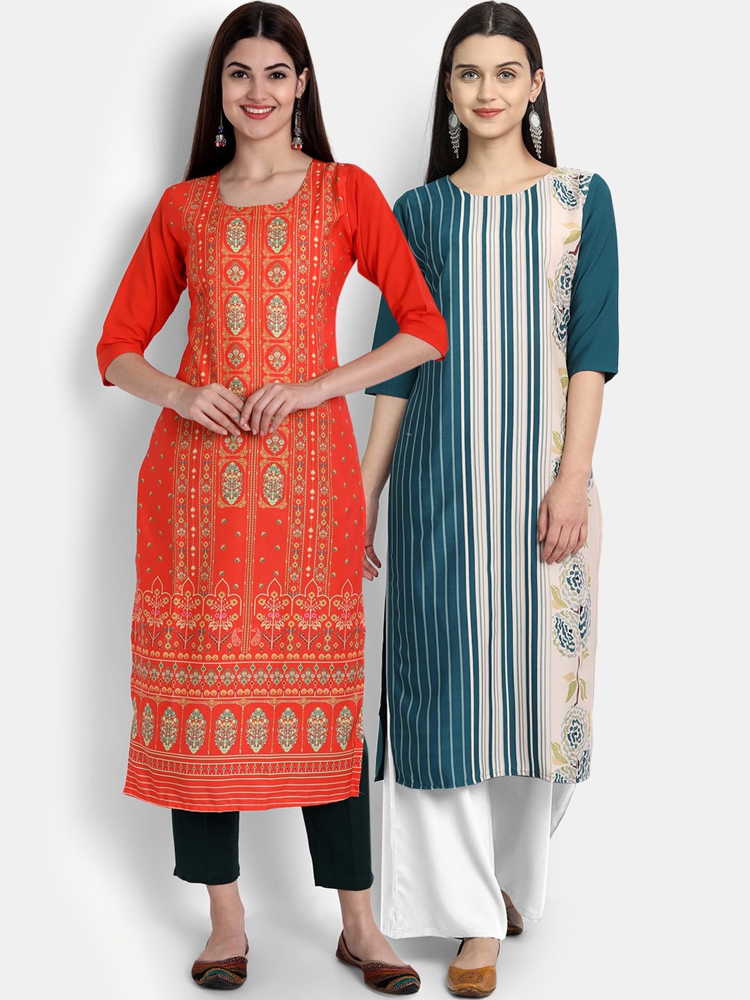 

Ethnic basket Women Red & Blue Printed Crepe Kurta