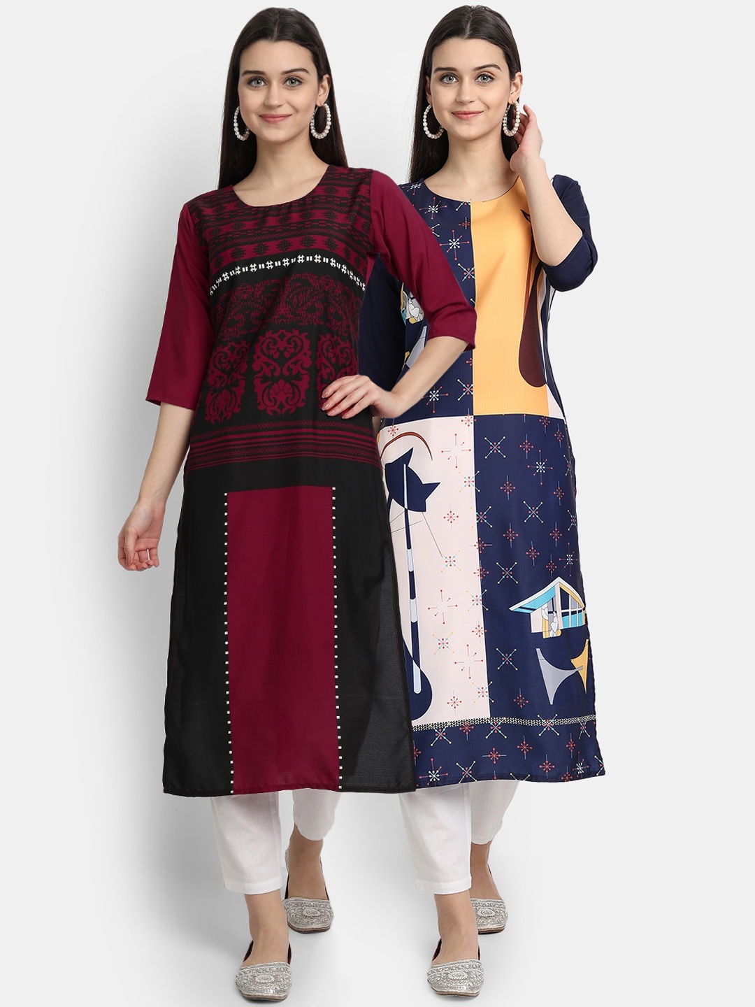 

Ethnic basket Women Pack Of 2 Multicoloured Ethnic Motifs Printed Crepe Kurta, Multi