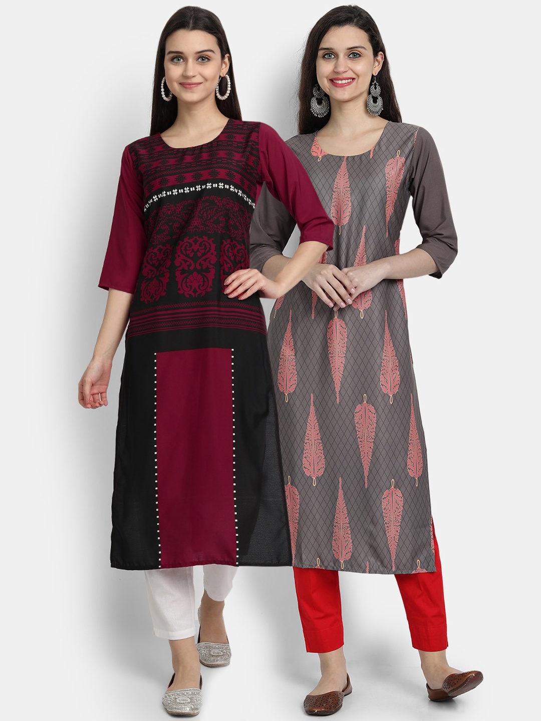 

Ethnic basket Women Pack of 2 Ethnic Motifs Printed Crepe Kurta, Red