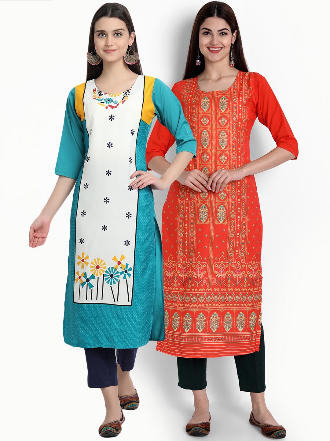 

Ethnic basket Women Pack of 2 Turquoise Blue & Orange Floral Printed Crepe Kurtas