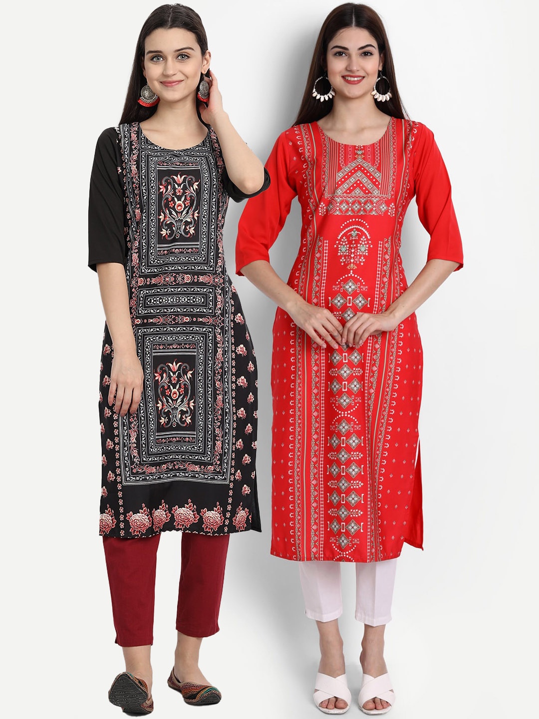 

Ethnic basket Women Pack of 2 Ethnic Motifs Printed Crepe Kurta, Red