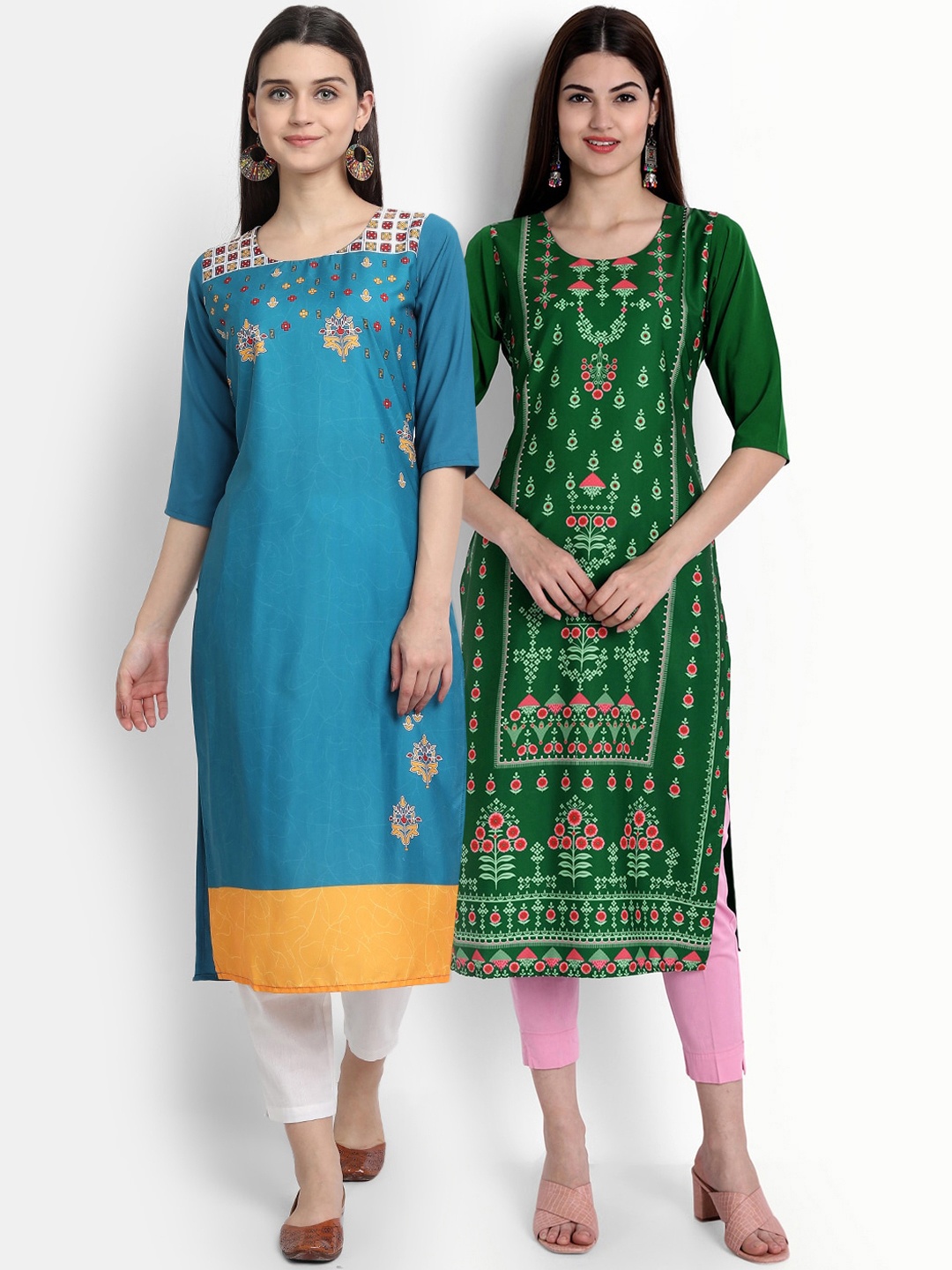 

Ethnic basket Women Blue & Green Ethnic Motifs Printed Crepe Kurta