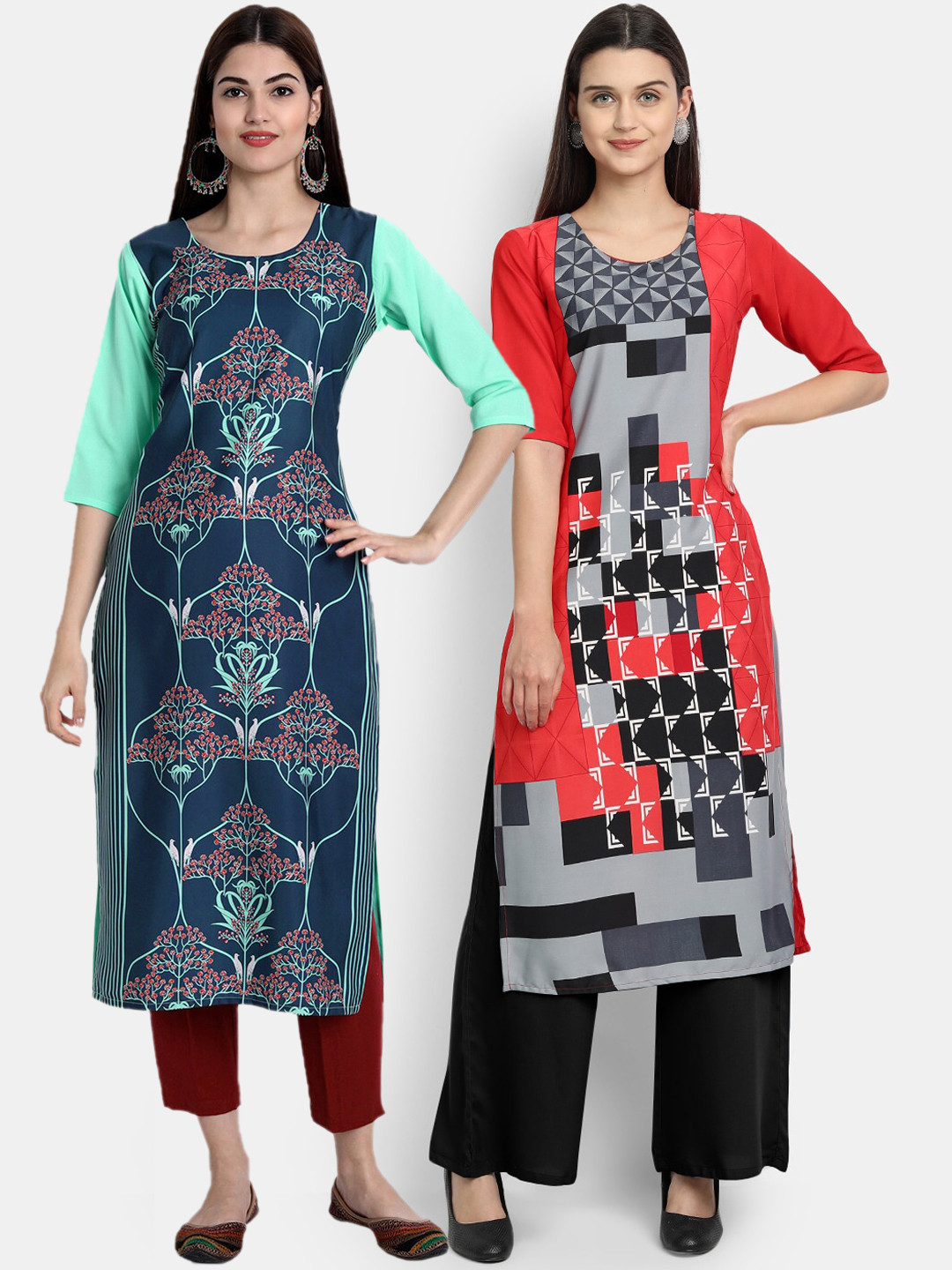

Ethnic basket Women Pack Of 2 Multicoloured Ethnic Motifs Printed Crepe Kurta, Multi