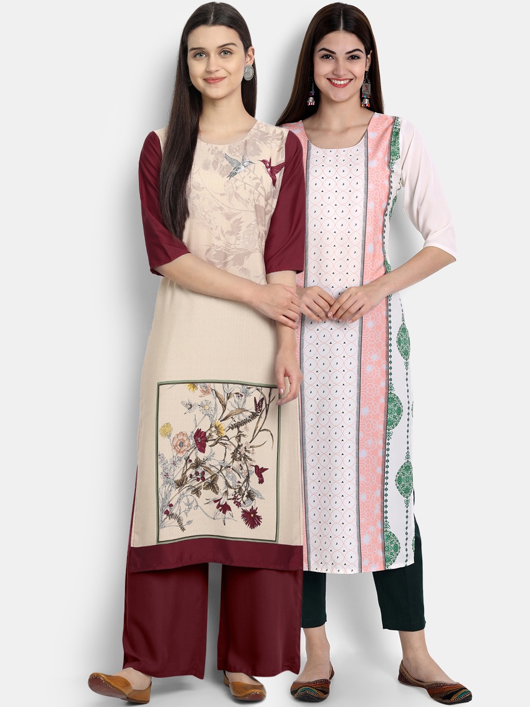 

Ethnic basket Women Pack Of 2 Beige & White Floral Printed Crepe Kurta