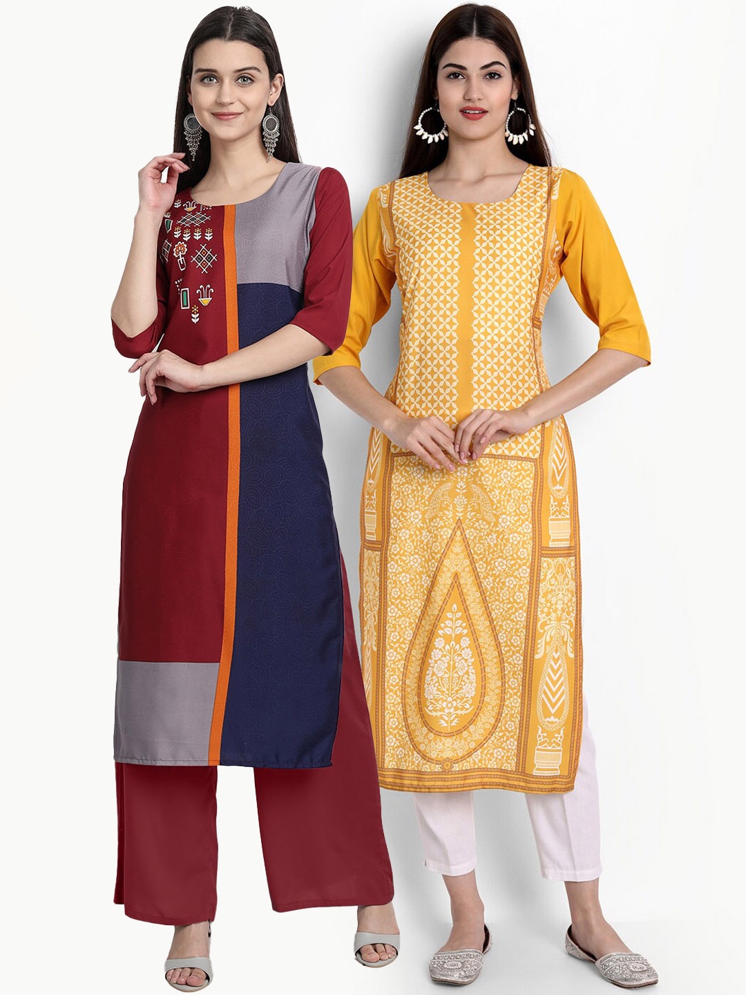 

Ethnic basket Women Maroon & Yellow Ethnic Motifs Printed Crepe Kurta