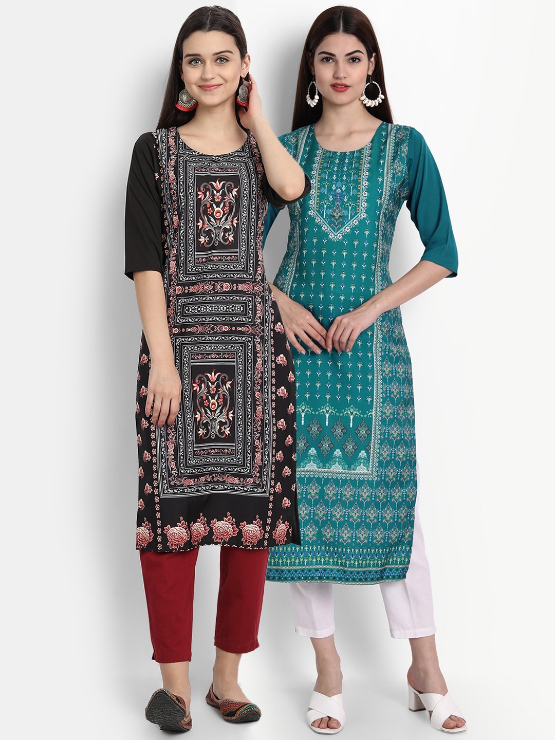 

Ethnic basket Women Pack of 2 Black & Teal Blue Ethnic Motifs Printed Crepe Kurtas