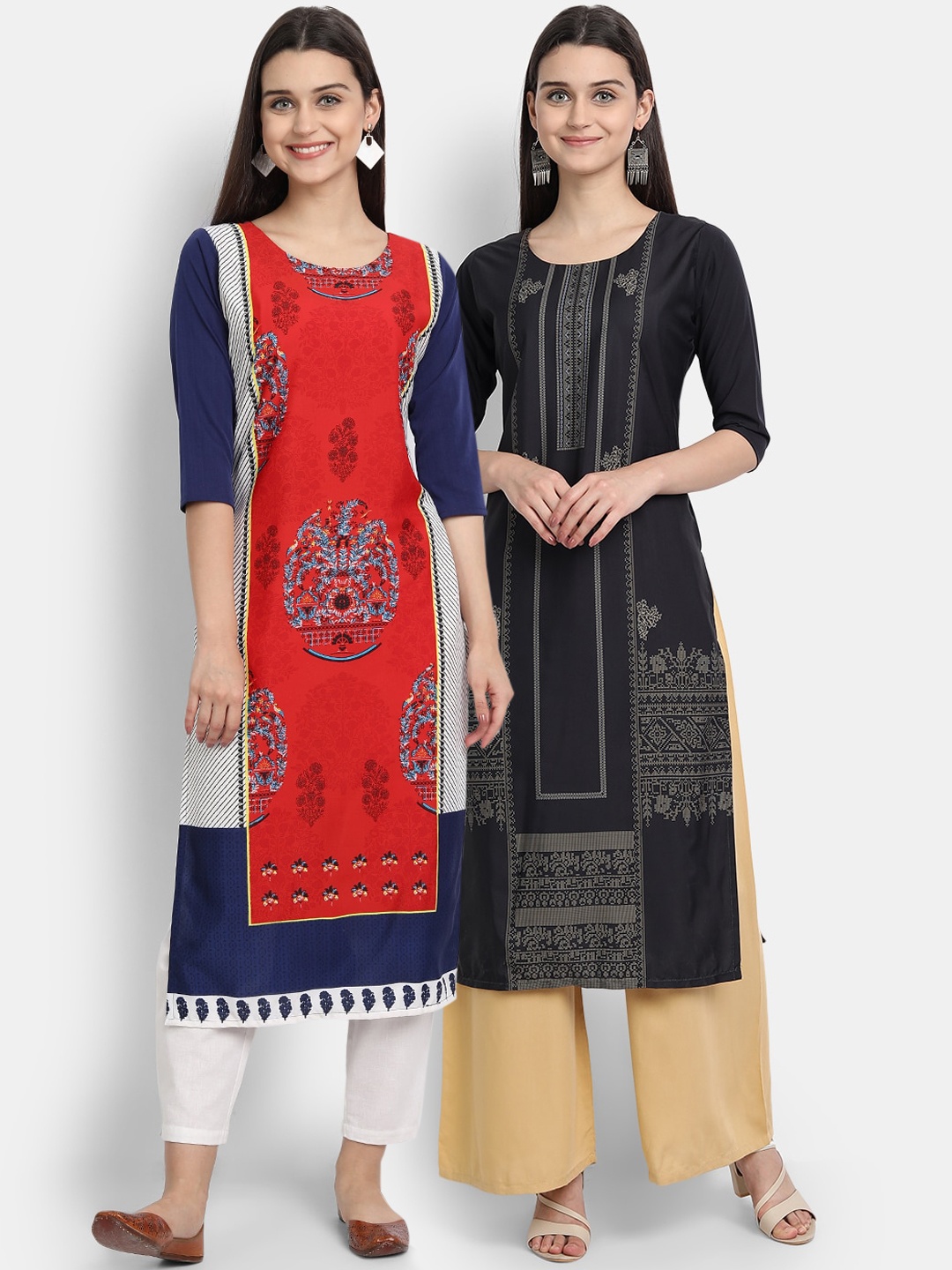 

Ethnic basket Women Red & Black Geometric Printed Crepe Kurta