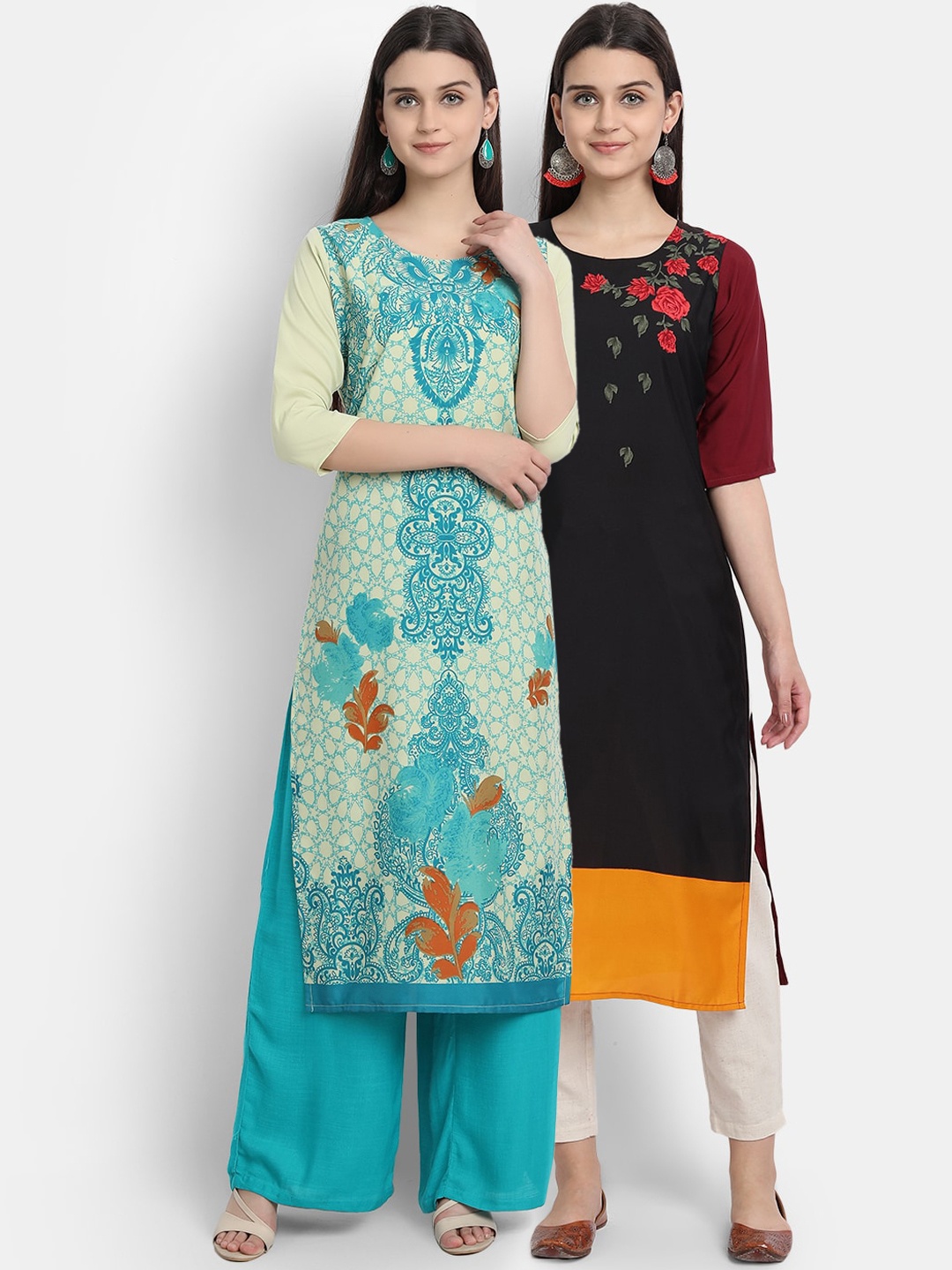 

Ethnic basket Women Blue & Black Pack Of 2 Floral Printed Crepe Kurta