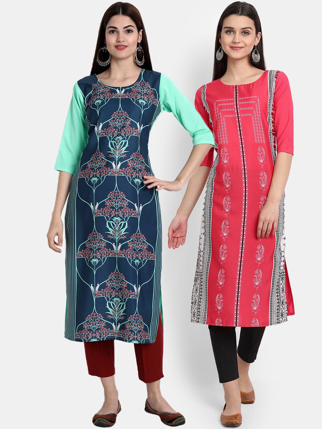

Ethnic basket Women Green & Coral Ethnic Motifs Printed Crepe Kurta Pack Of 2