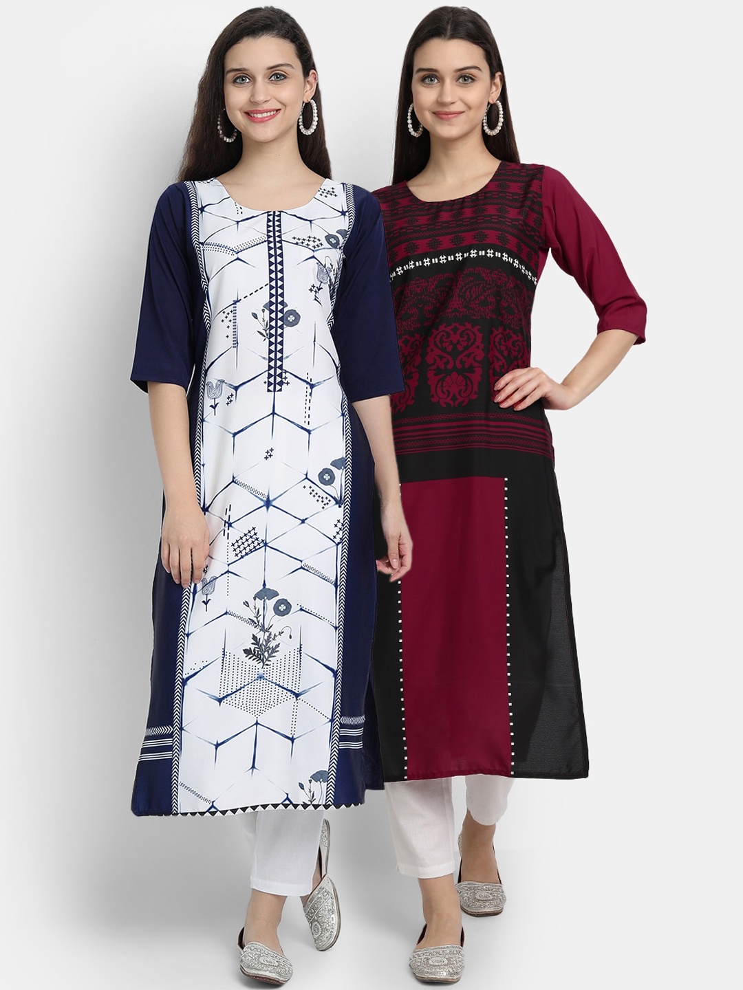 

Ethnic basket Women Navy Blue & Maroon Ethnic Motifs Printed Crepe Kurta