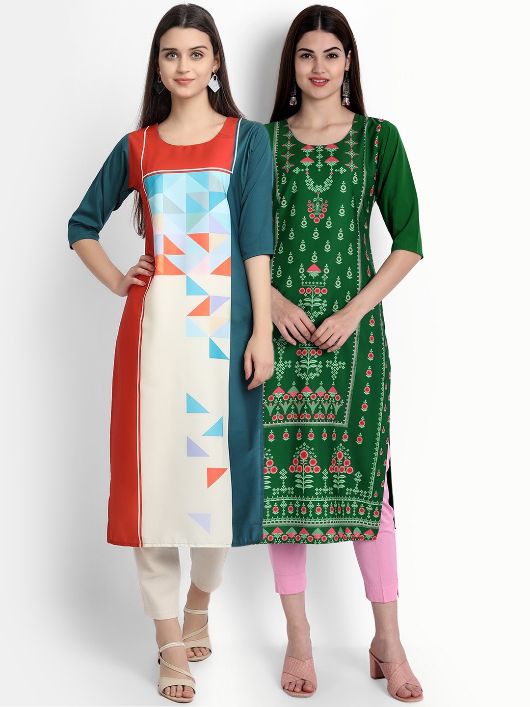 

Ethnic basket Women Green & Red Pack Of 2 Ethnic Motifs Printed Crepe Kurta