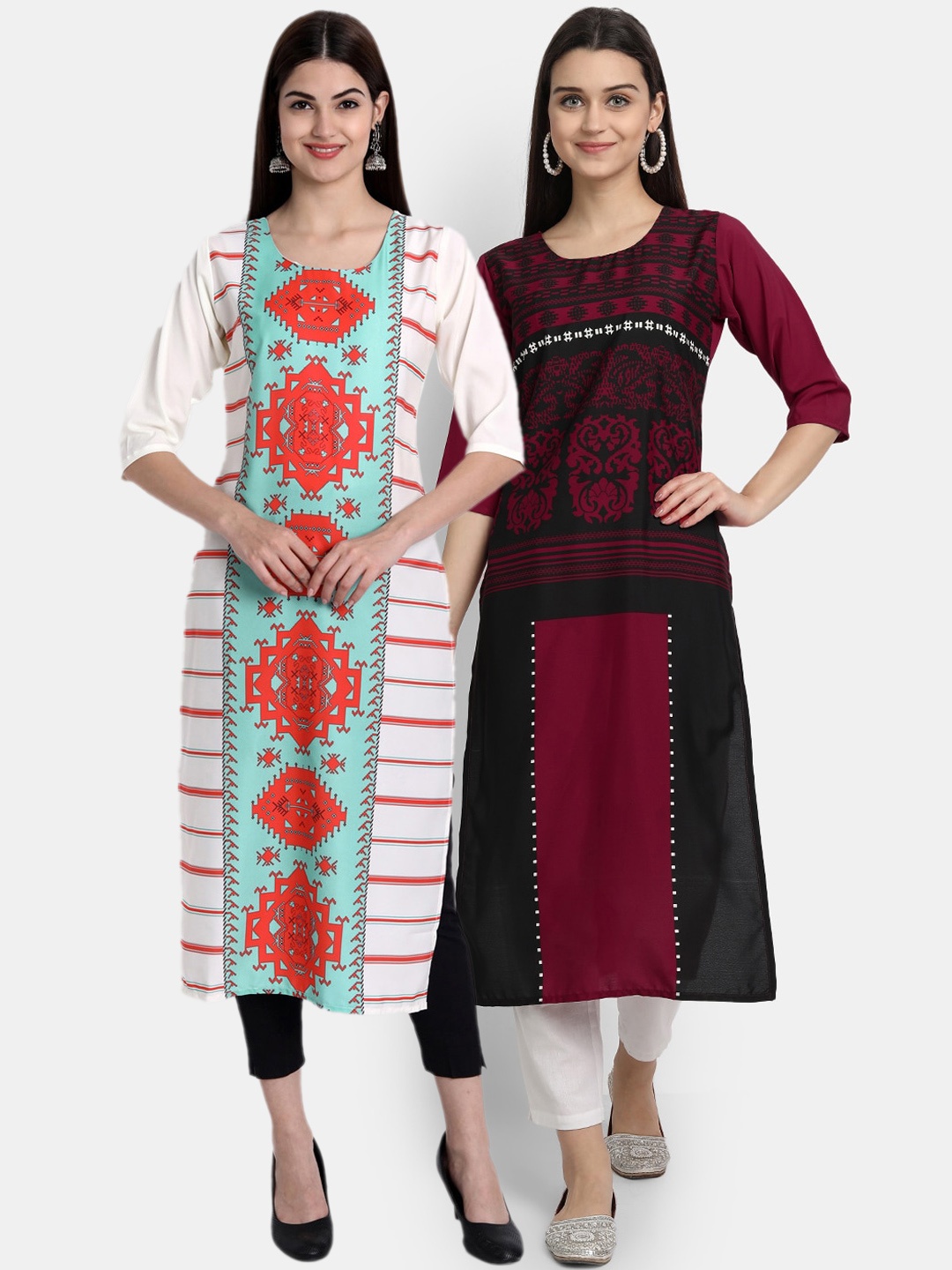 

Ethnic basket Women Pack of 2 Ethnic Motifs Printed Crepe Kurta, White