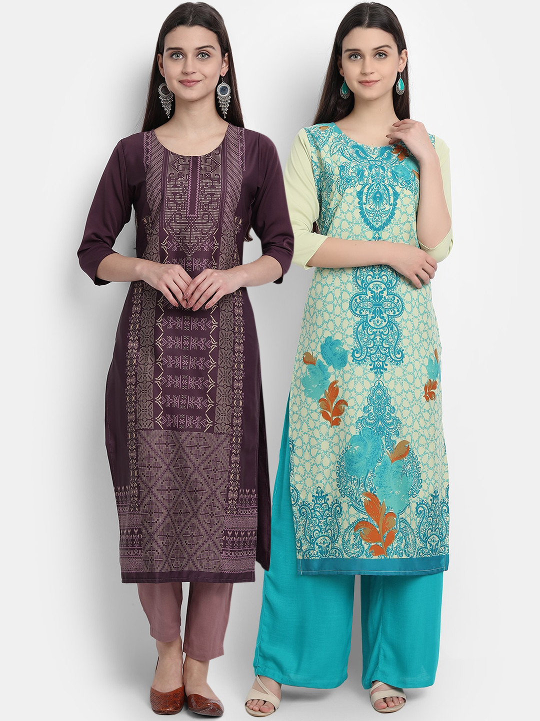 

Ethnic basket Women Pack Of 2 Multicoloured Ethnic Motifs Printed Crepe Kurta, Multi