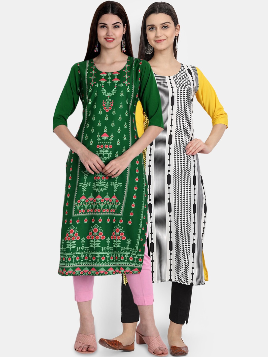 

Ethnic basket Women Pack of 2 Green & White Digital Printed Crepe Kurtas