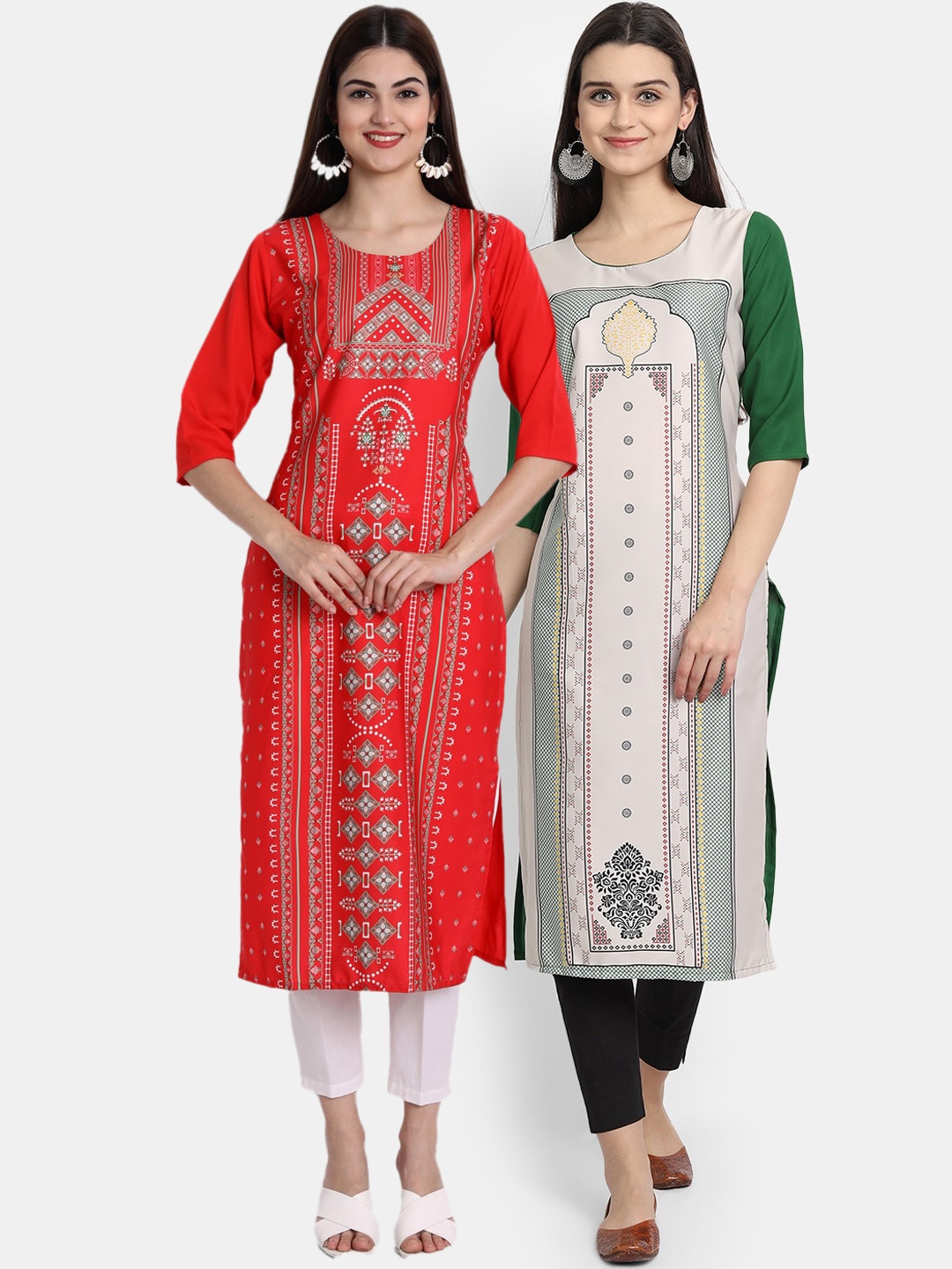 

Ethnic basket Women Red & Green Ethnic Motifs Printed Crepe Kurta