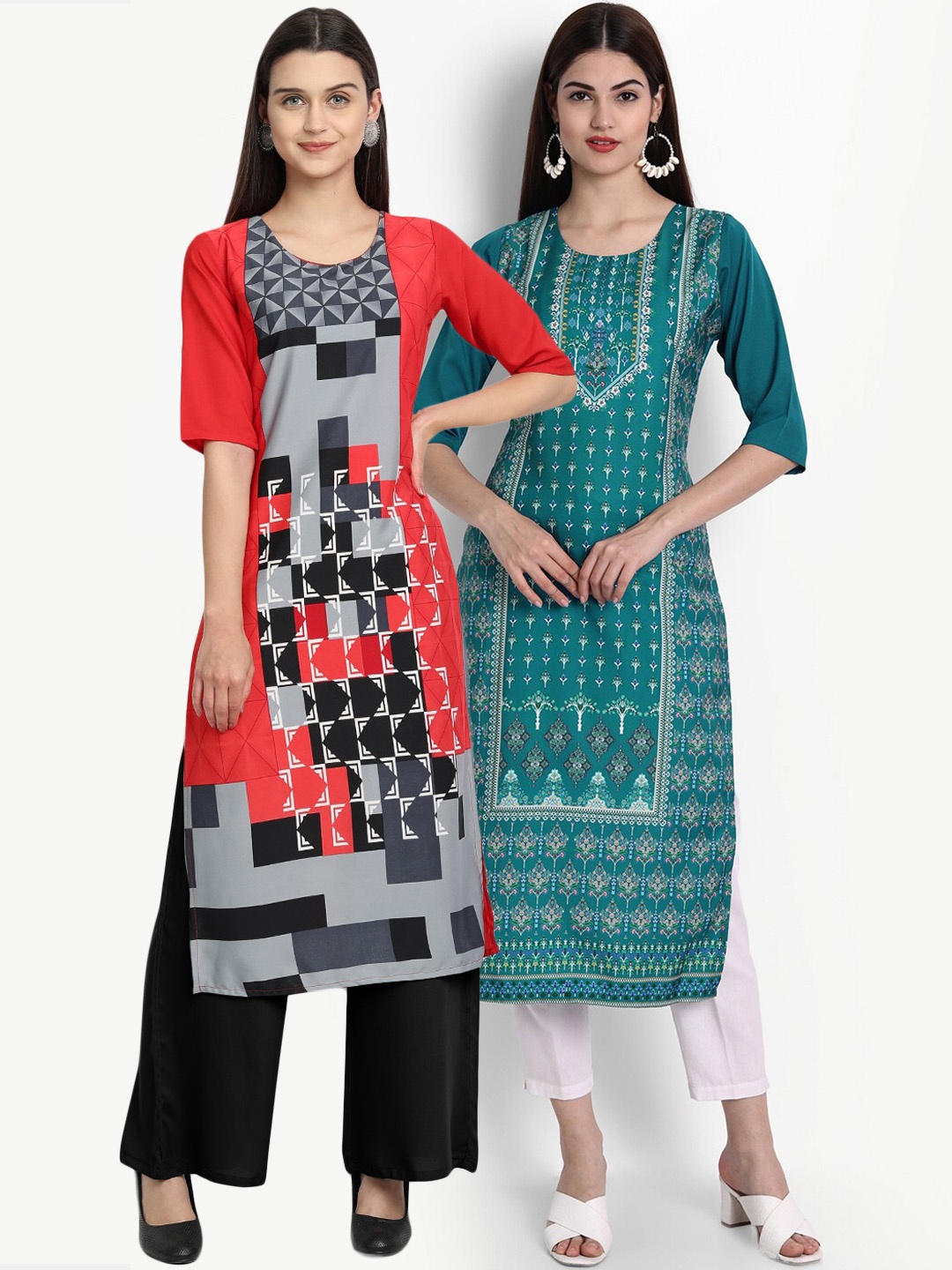 

Ethnic basket Women Red & Teal Printed Crepe Kurta