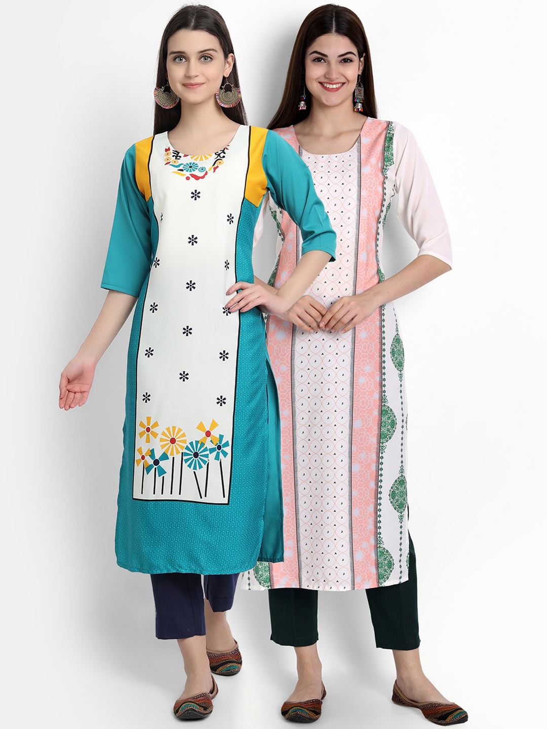 

Ethnic basket Women Blue & White Floral Printed Crepe Kurta Pack Of 2