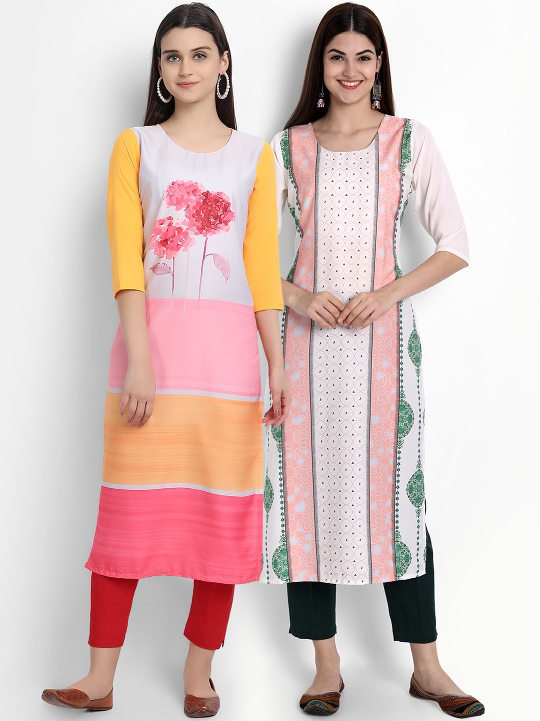 

Ethnic basket Women White & Pink Colourblocked Crepe Kurta Pack Of 2