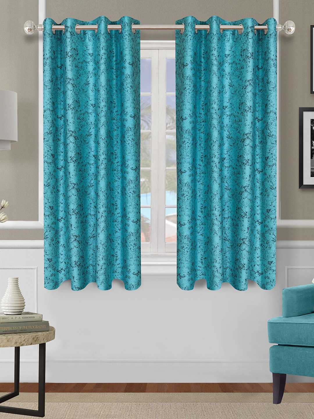 

ROMEE Set Of 2 Turquoise Blue Abstract Print Room Darkening Window Curtains