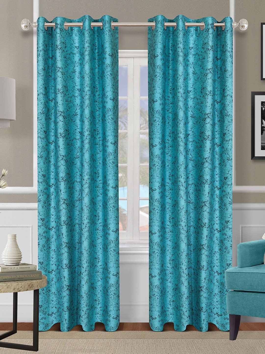 

ROMEE Turquoise Blue & Grey Set of 2 Room Darkening Door Curtain
