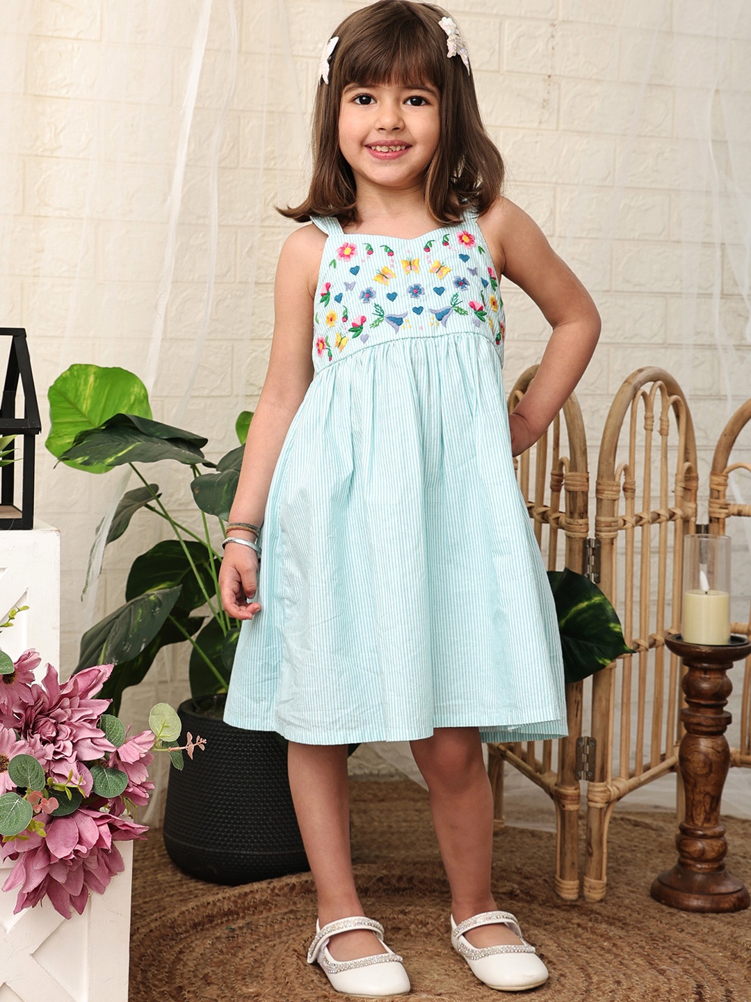 

Beebay Infant Girls Turquoise Blue & White Striped Embroidered Strappy Cotton A-Line Dress