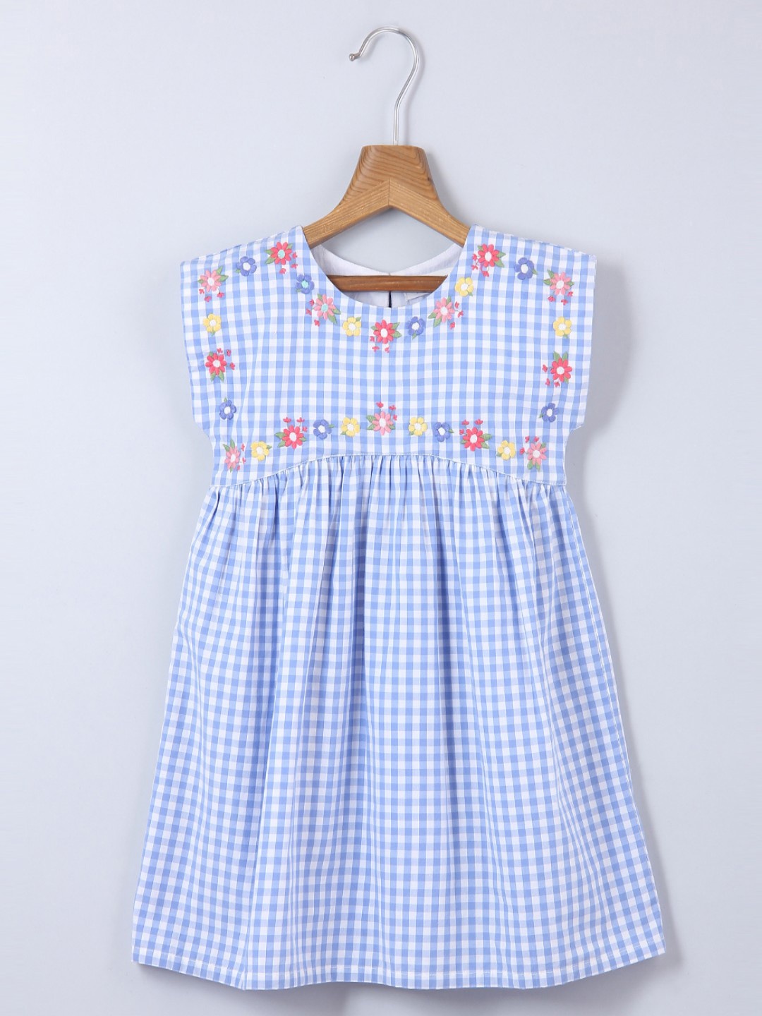 

Beebay Girls Blue Checked Embroidered Cotton A-Line Dress