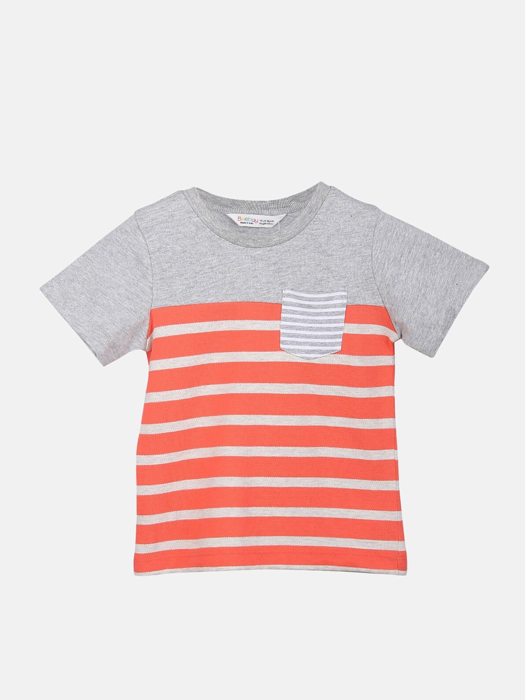 

Beebay Boys Orange & Grey Striped Pure Cotton T-shirt