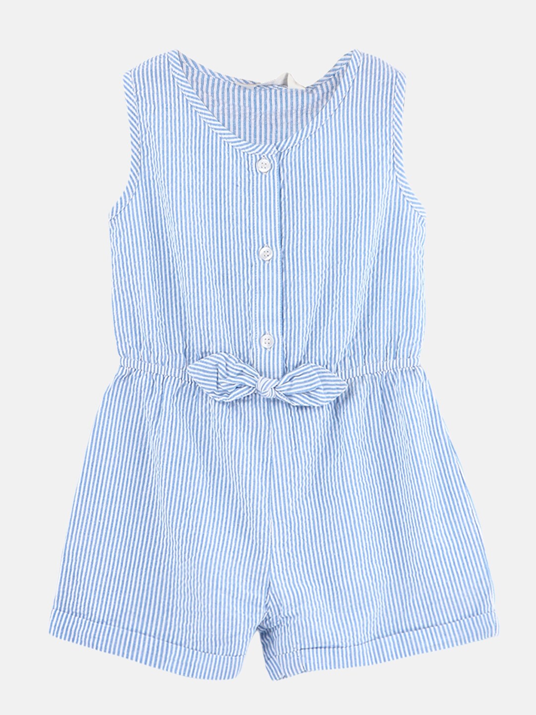

Beebay Girls Blue & White Striped Seersucker Cotton Jumpsuit With Bow