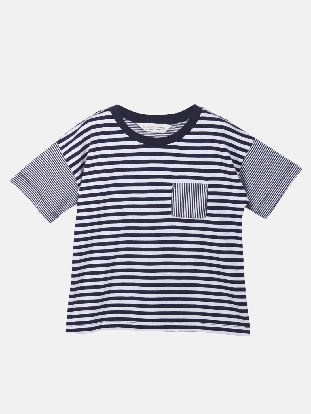 

Beebay Boys Navy Blue & White Striped Pure Cotton Pockets T-shirt