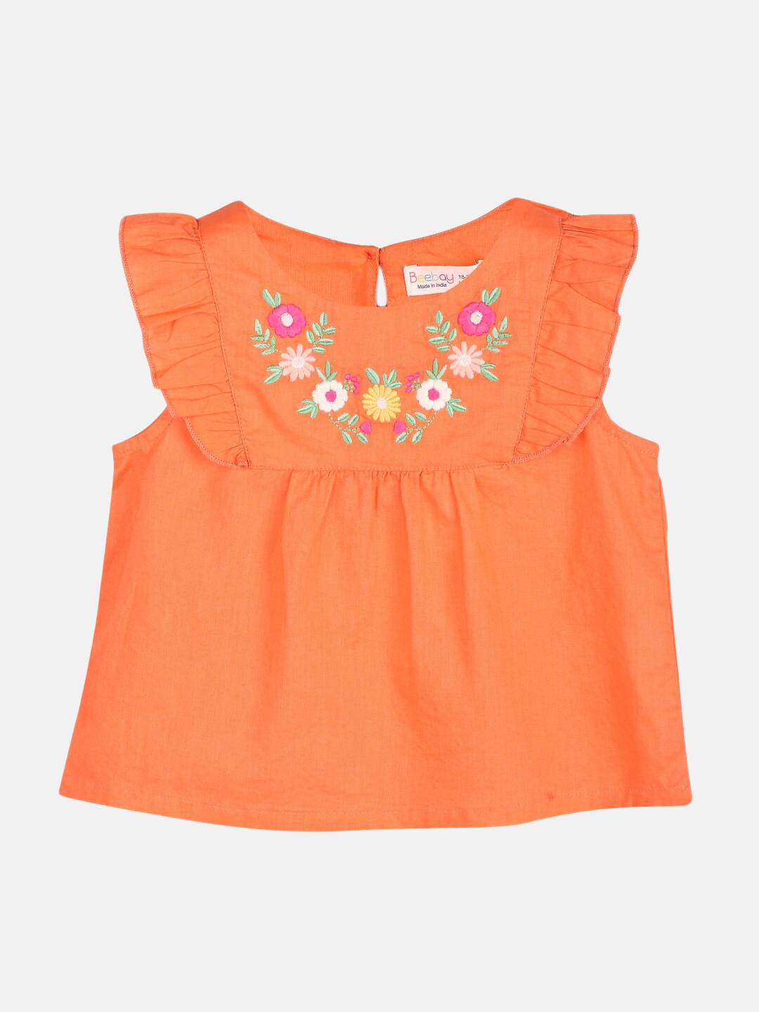 

Beebay Girls Orange & Green Floral Embroidered Pure Cotton Top