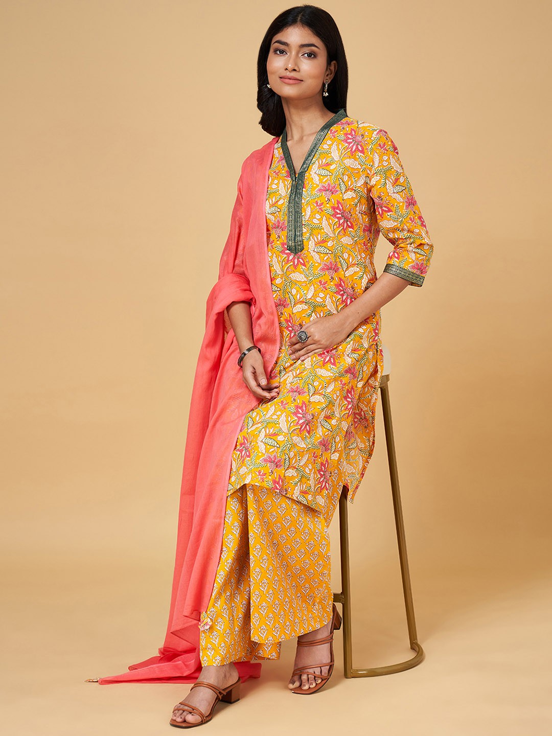

RANGMANCH BY PANTALOONS Women Mustard Yellow Printed Pure Cotton Kurta with Palazzos & With Dupatta