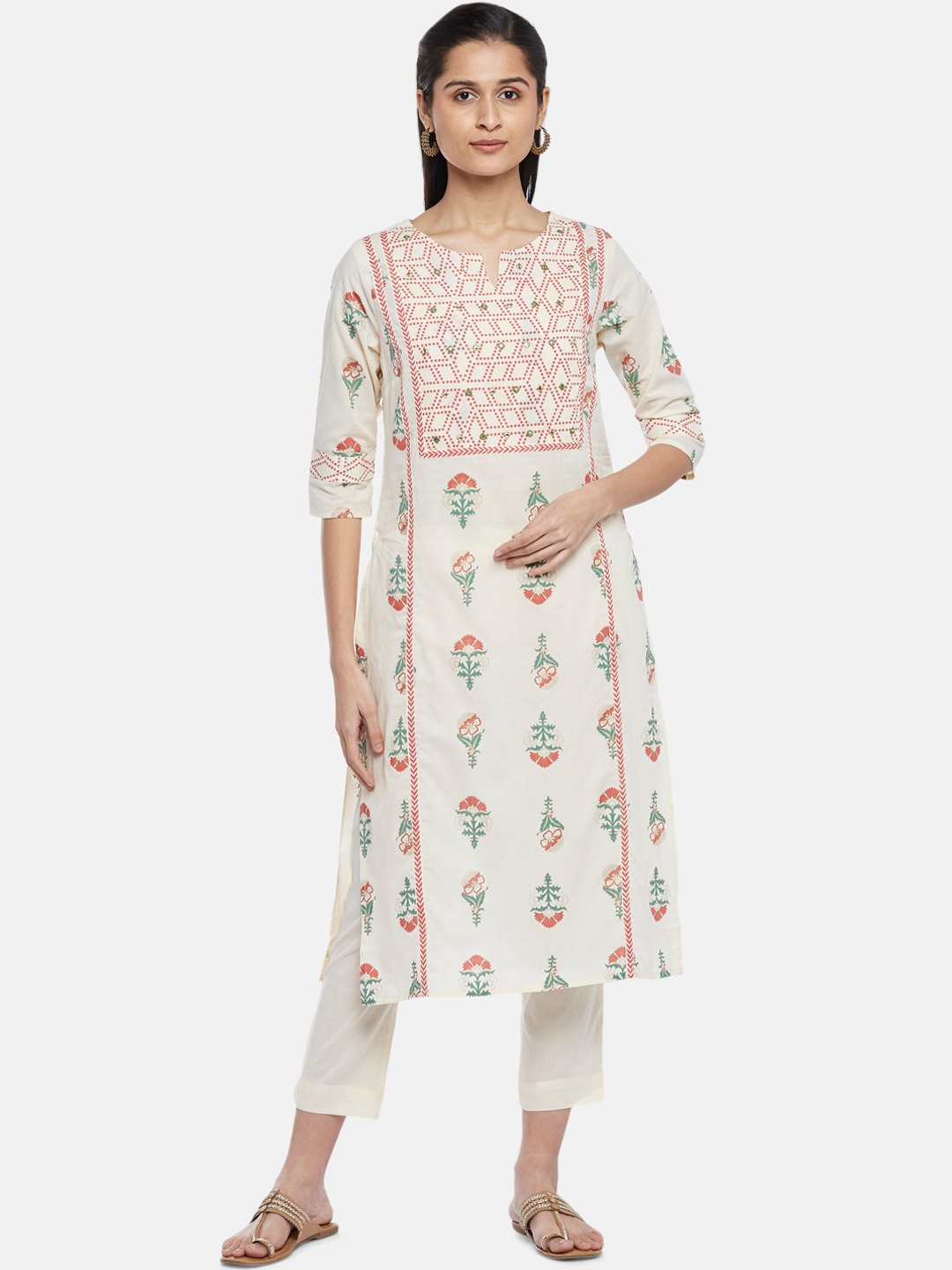 

RANGMANCH BY PANTALOONS Women Beige Ethnic Motifs Printed Pure Cotton Kurti with Trousers & With Dupatta