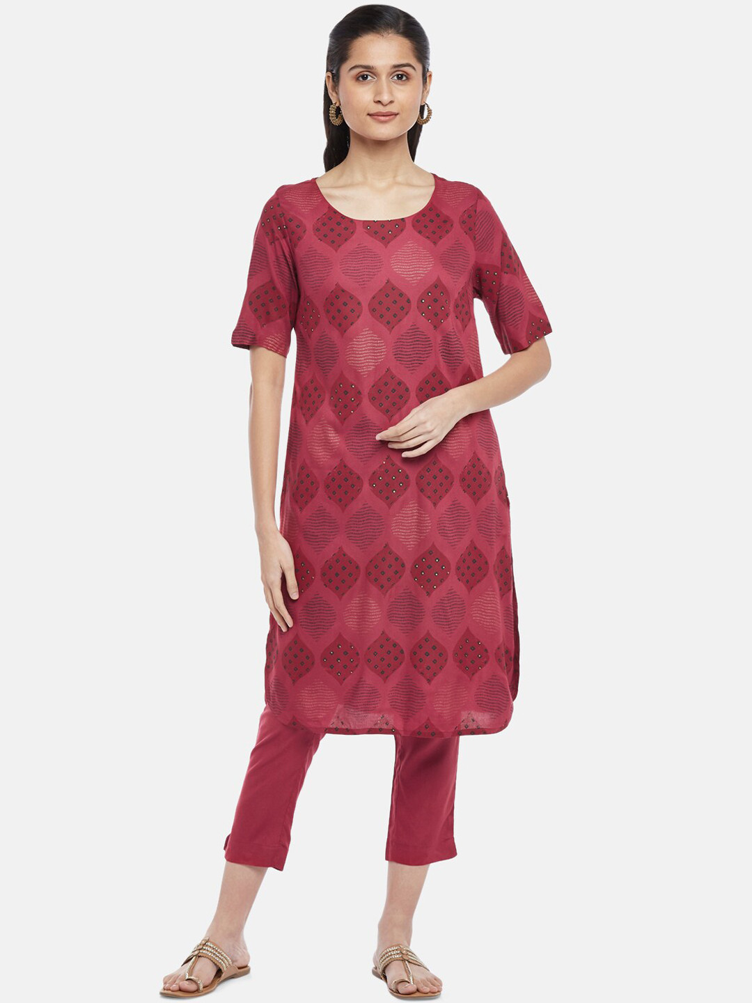 

RANGMANCH BY PANTALOONS Women Maroon Ethnic Motifs Printed Kurti with Trousers