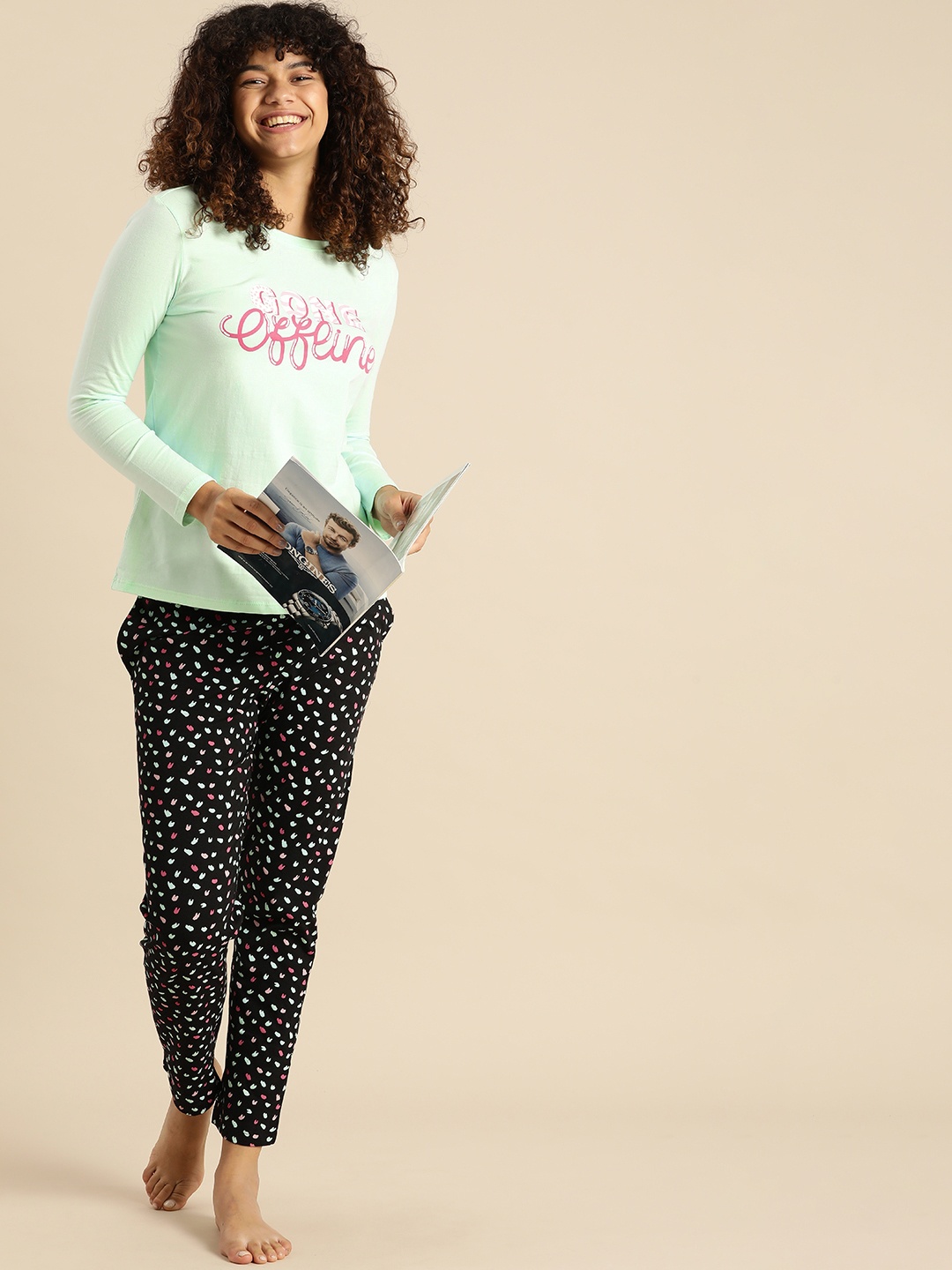 

Dreamz by Pantaloons Women Sage Green & Black Printed Pure Cotton Night suit