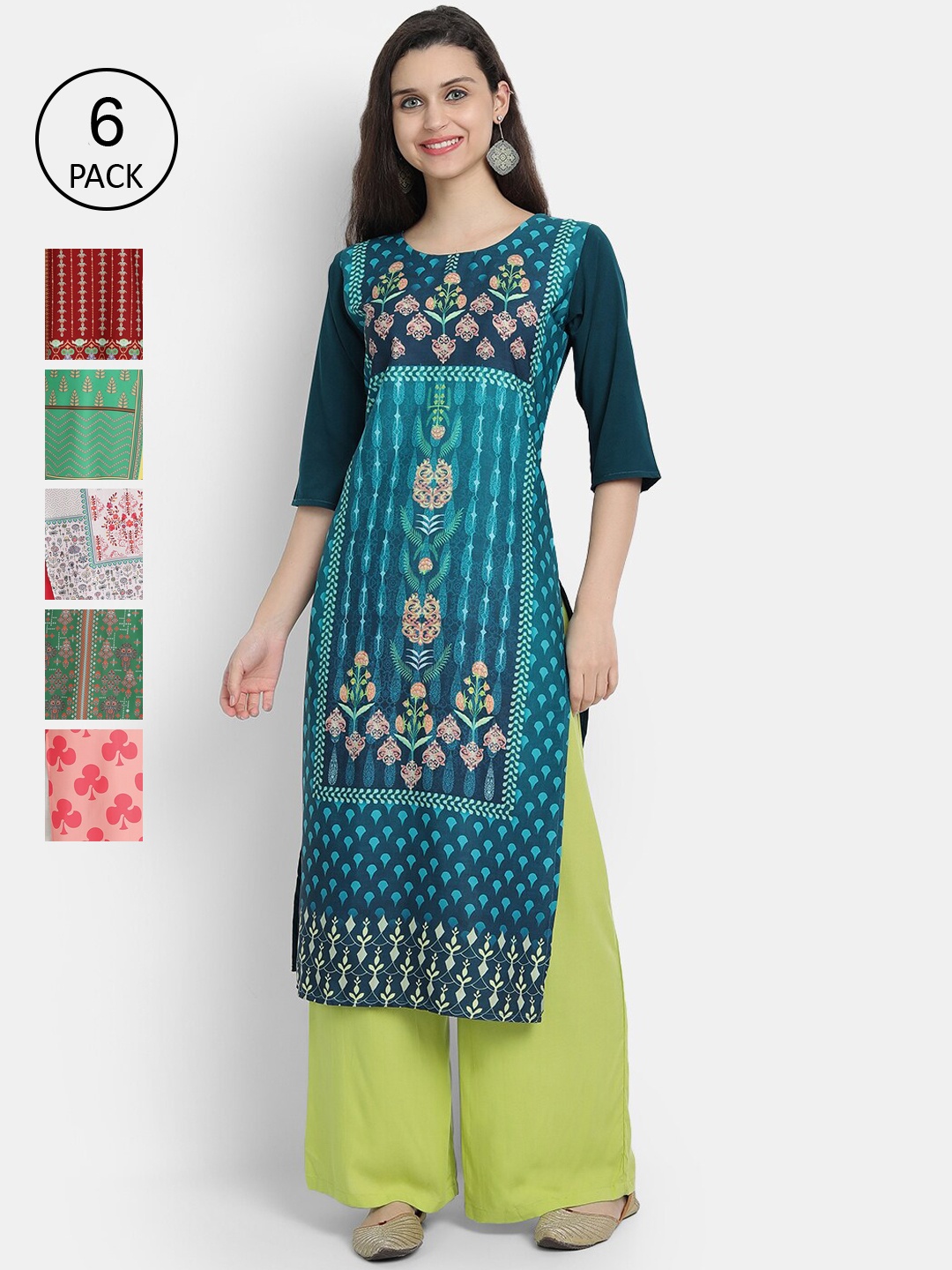 

Ethnic basket Women Pack of 6 Ethnic Motifs Printed Crepe Kurta, Blue