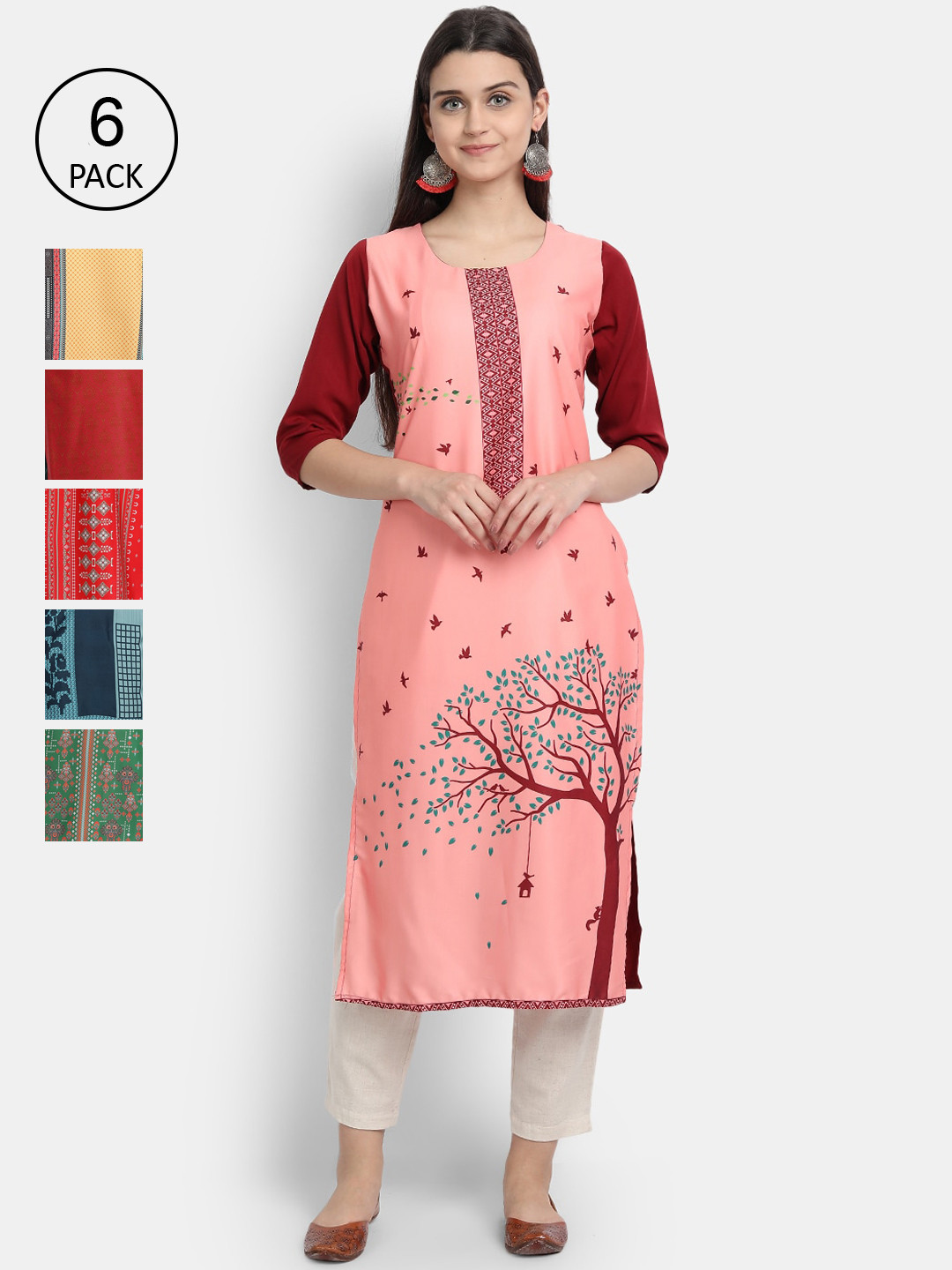 

Ethnic basket Women Pack Of 6 Multicoloured Printed Crepe Kurta, Multi