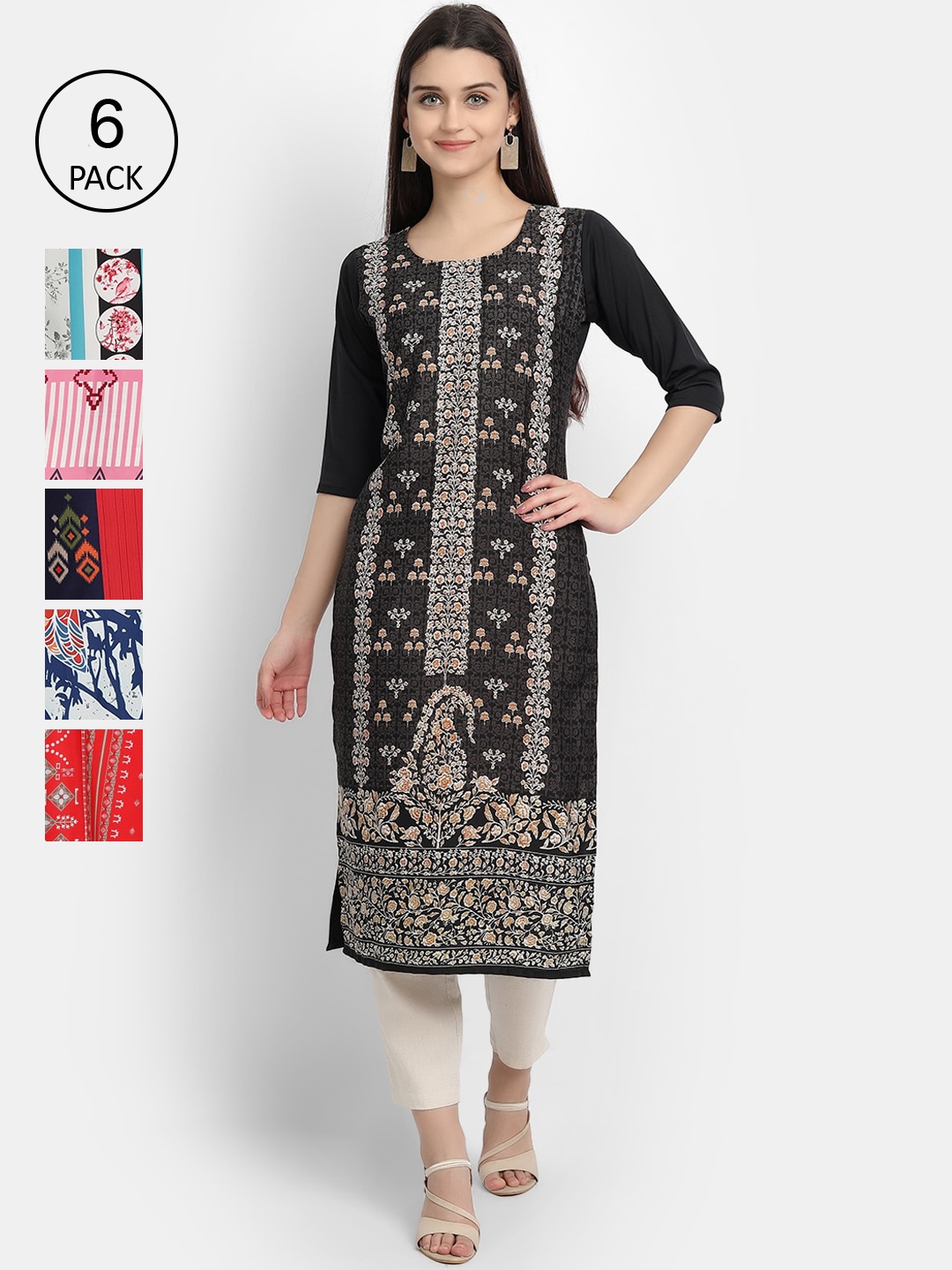 

Ethnic basket Women Multicoloured Set of 6 Ethnic Motifs Printed Crepe Kurta, Multi