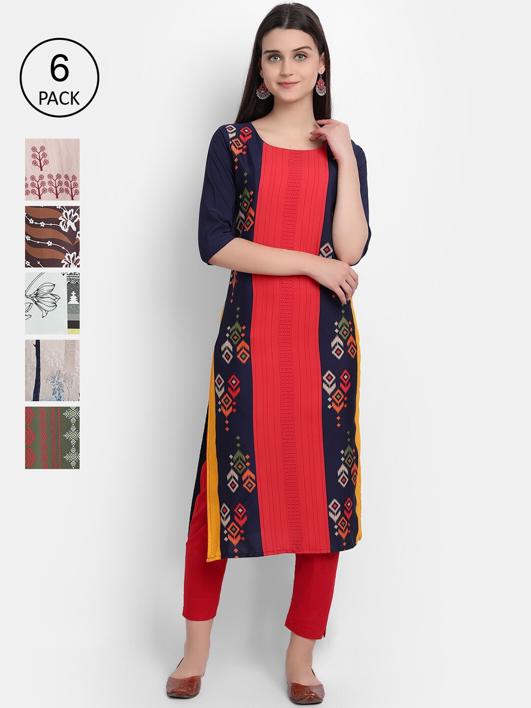 

Ethnic basket Women Pack of 6 Multicoloured Ethnic Motifs Printed Crepe Kurta, Multi