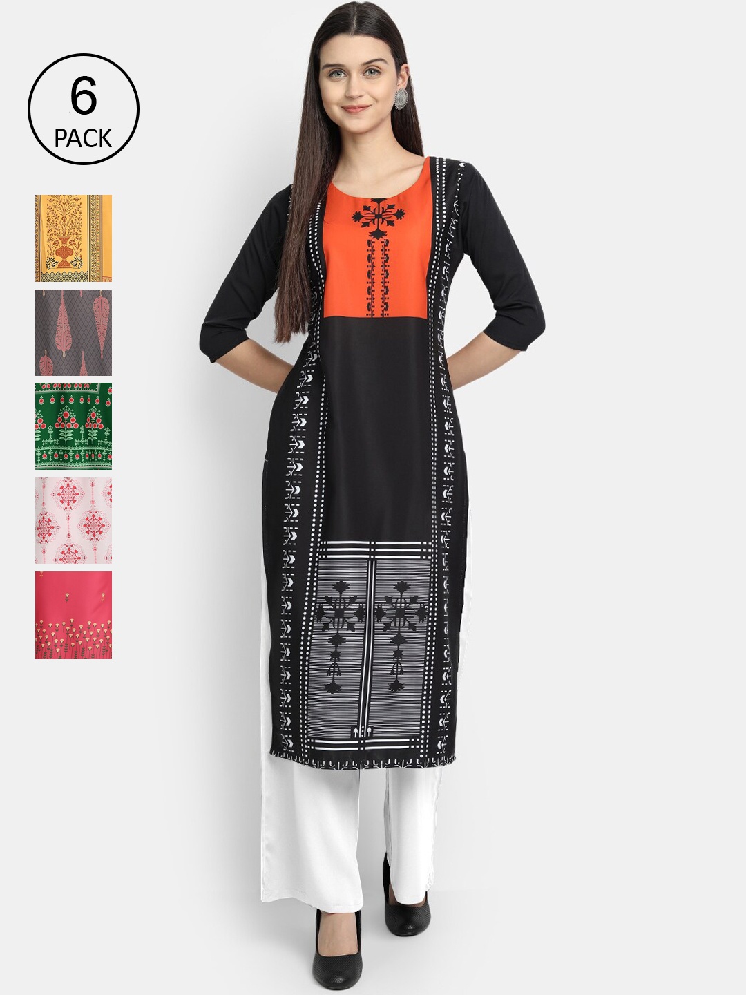 

Ethnic basket Women Multicoloured Set of 6 Ethnic Motifs Printed Crepe Kurta, Multi