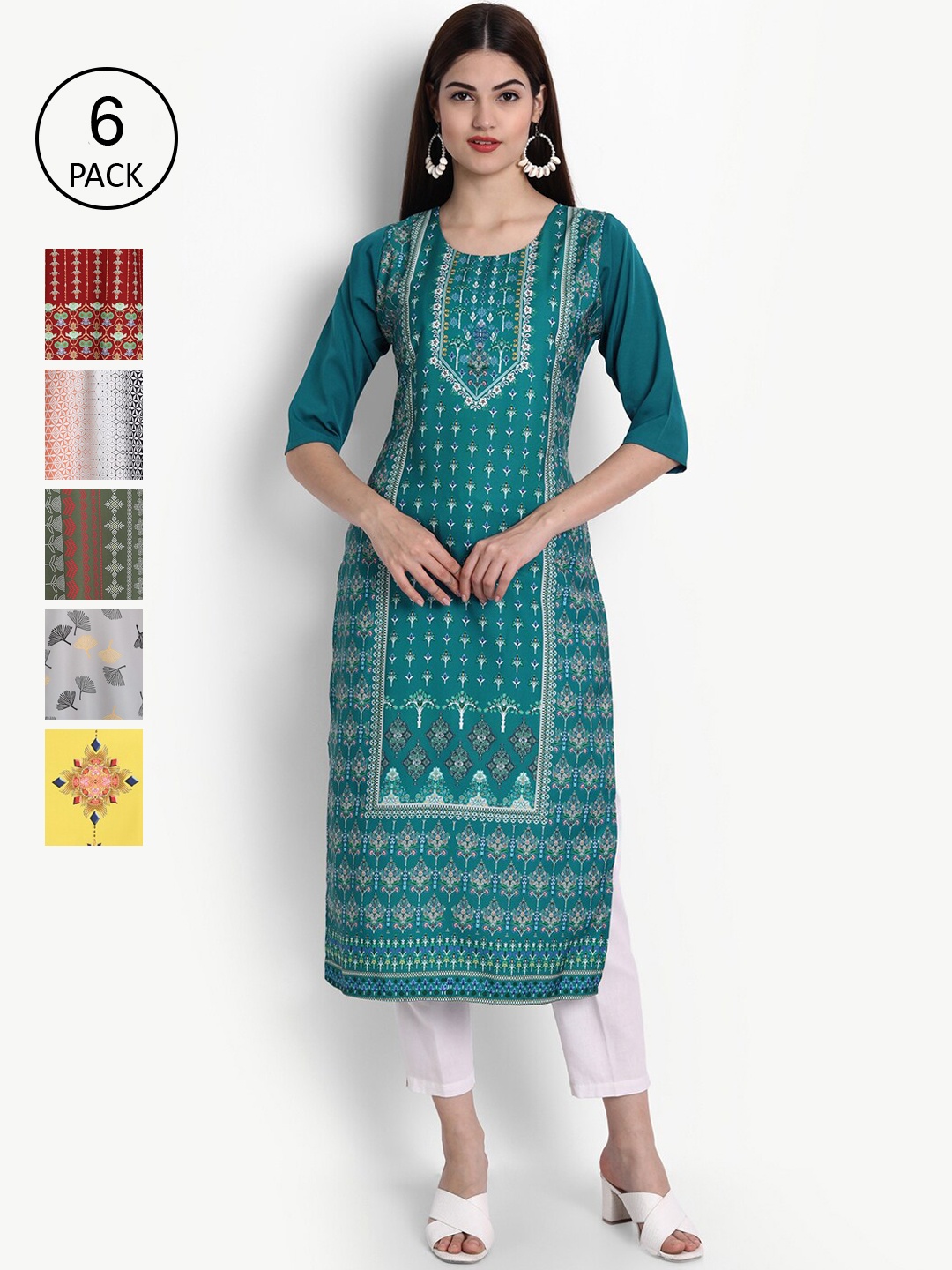 

Ethnic basket Women Pack of 6 Digital Printed Kurtas, Teal