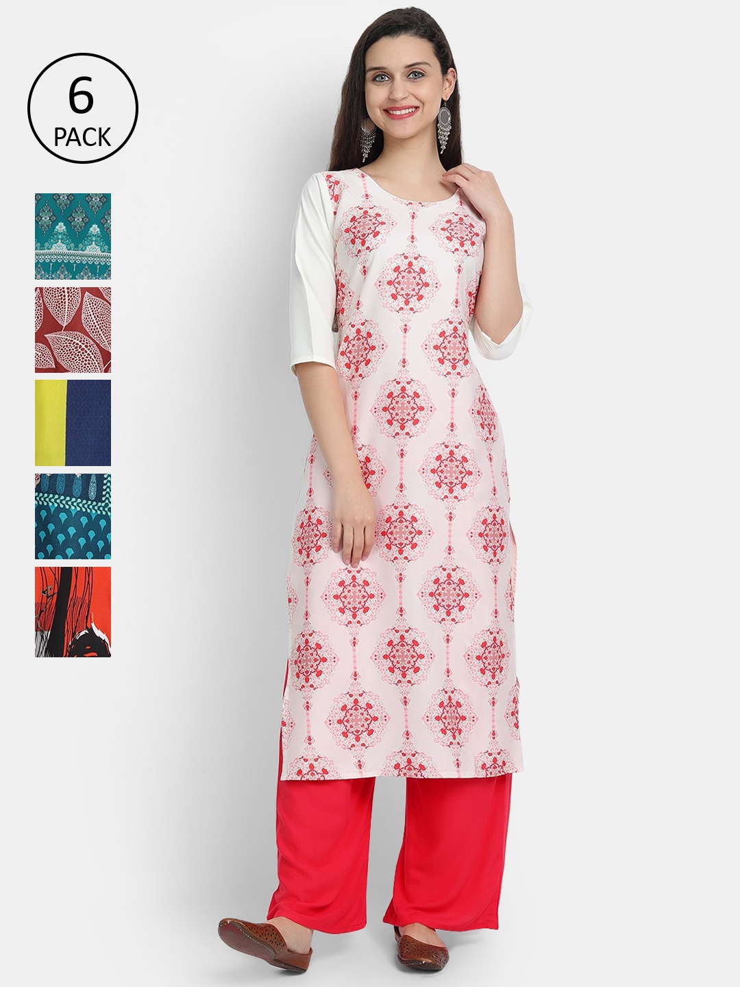 

Ethnic basket Women Pack Of 6 Ethnic Motifs Printed Crepe Kurta, White