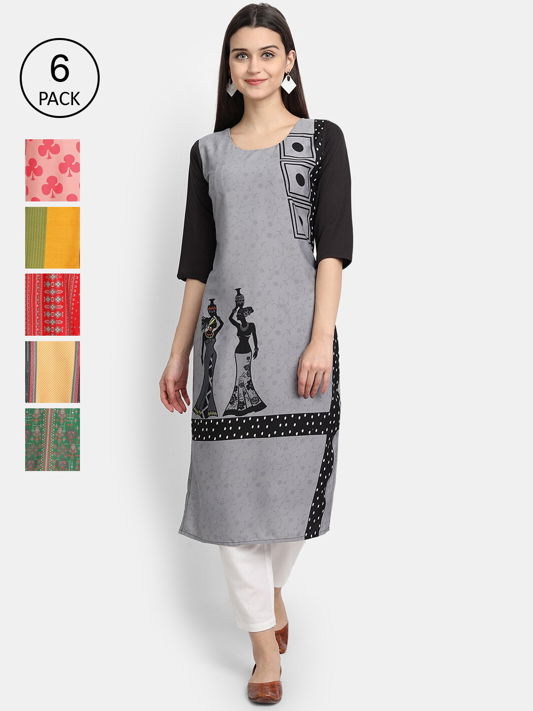 

Ethnic basket Women Pack Of 6 Digital Print Straight Kurtas, Multi
