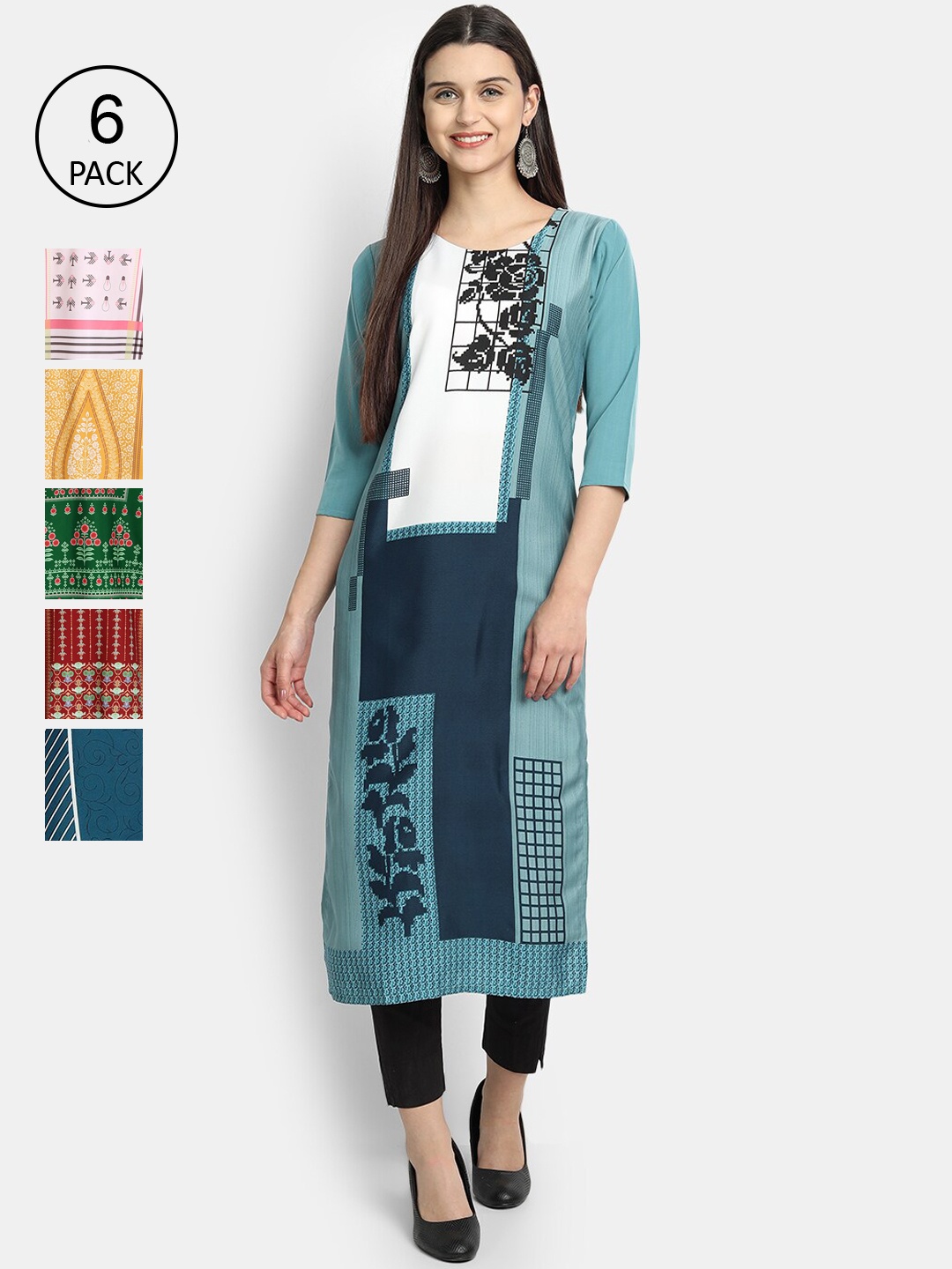 

Ethnic basket Women Multicoloured Ethnic Motifs Printed Crepe Kurta Set Of 6, Green
