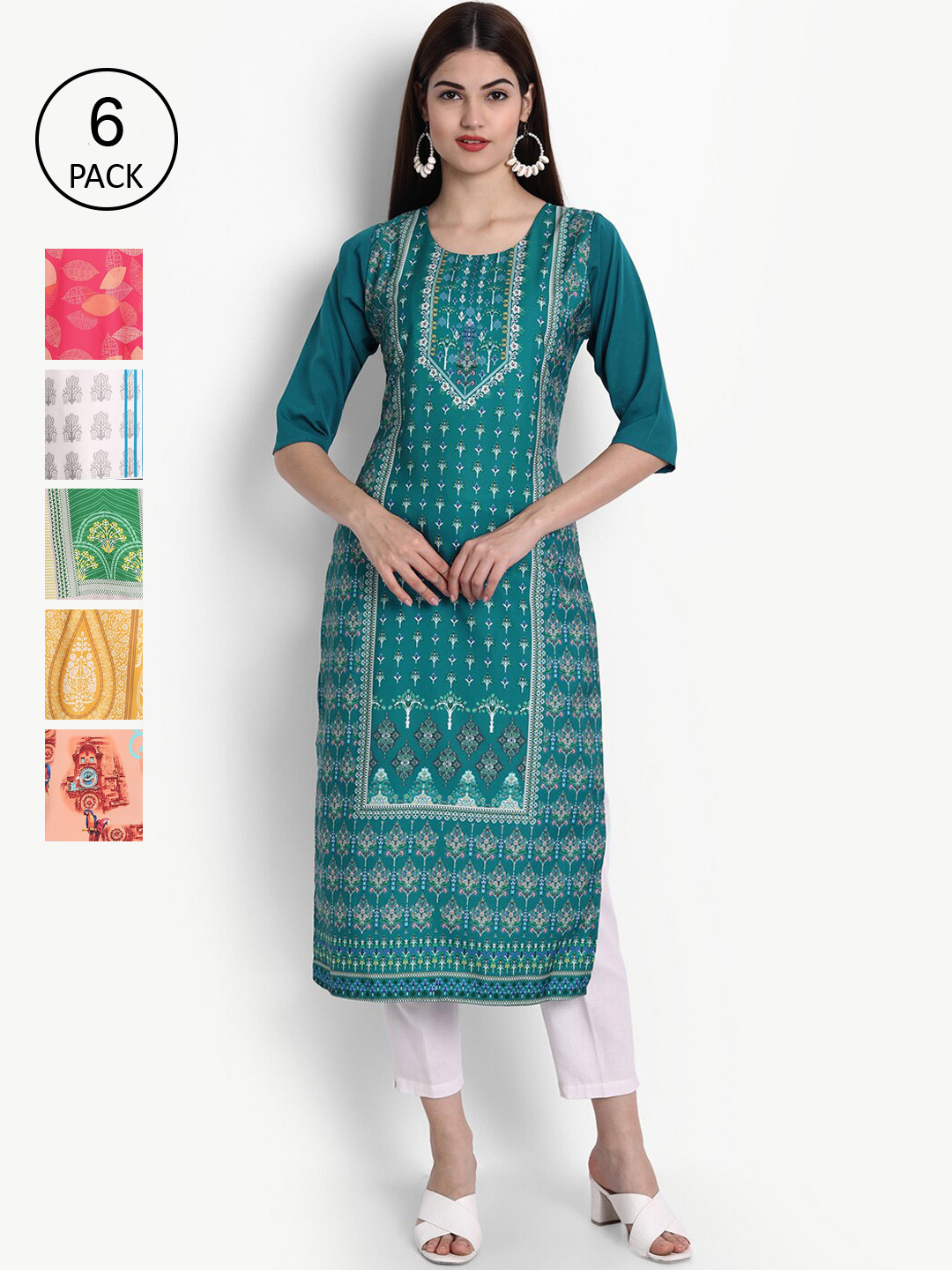

Ethnic basket Women Multicoloured Set of 6 Ethnic Motifs Printed Crepe Kurta, Multi