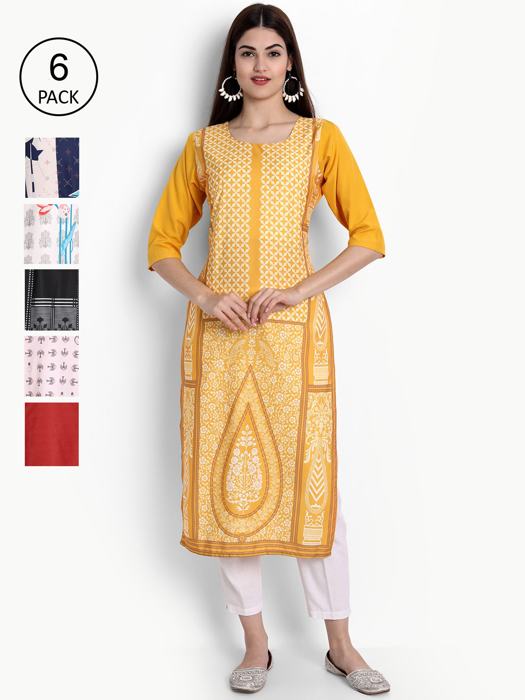 

Ethnic basket Women Pack of 6 Multicoloured Ethnic Motifs Printed Crepe Kurta, Multi