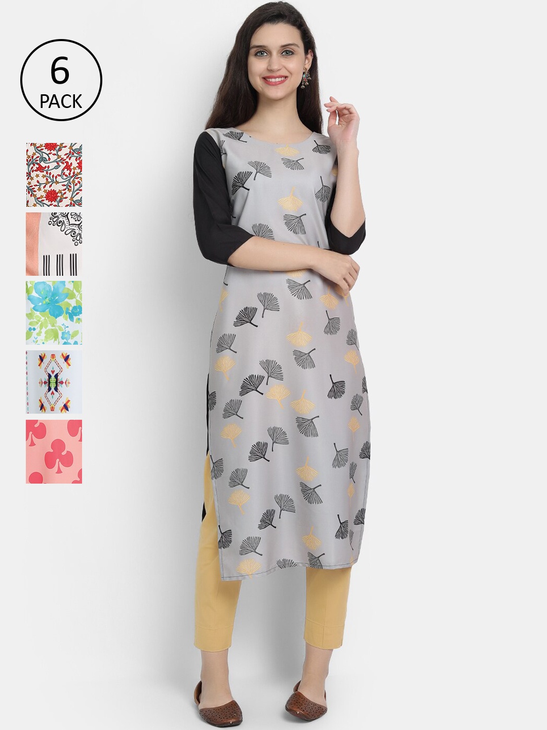 

Ethnic basket Women Grey & Green Floral Printed Crepe Kurta Set Of 6