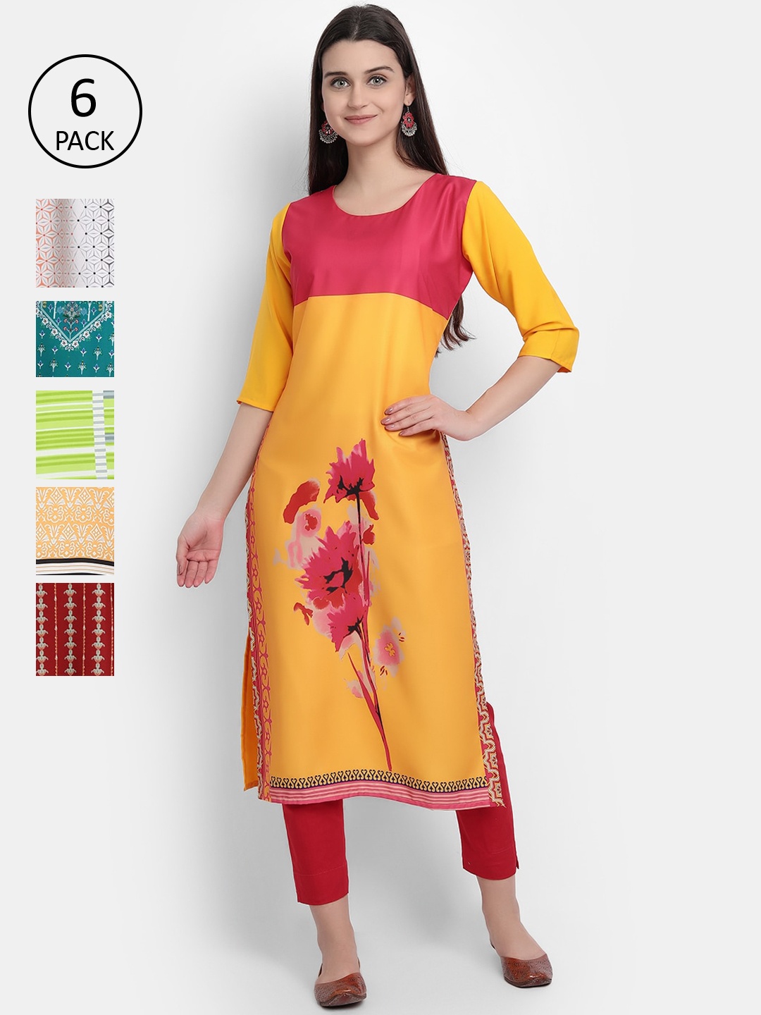 

Ethnic basket Women Multicoloured Pack of 6 Ethnic Motifs Printed Crepe Kurta, Multi