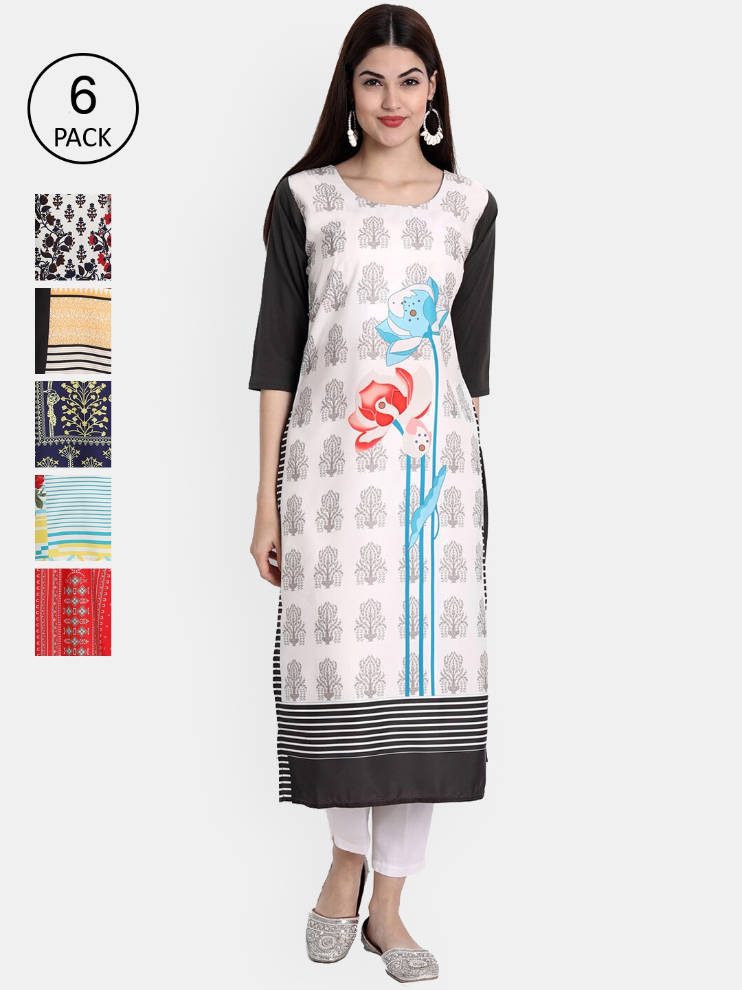 

Ethnic basket Women Pack of 6 Ethnic Motifs Printed Crepe Kurta, Black