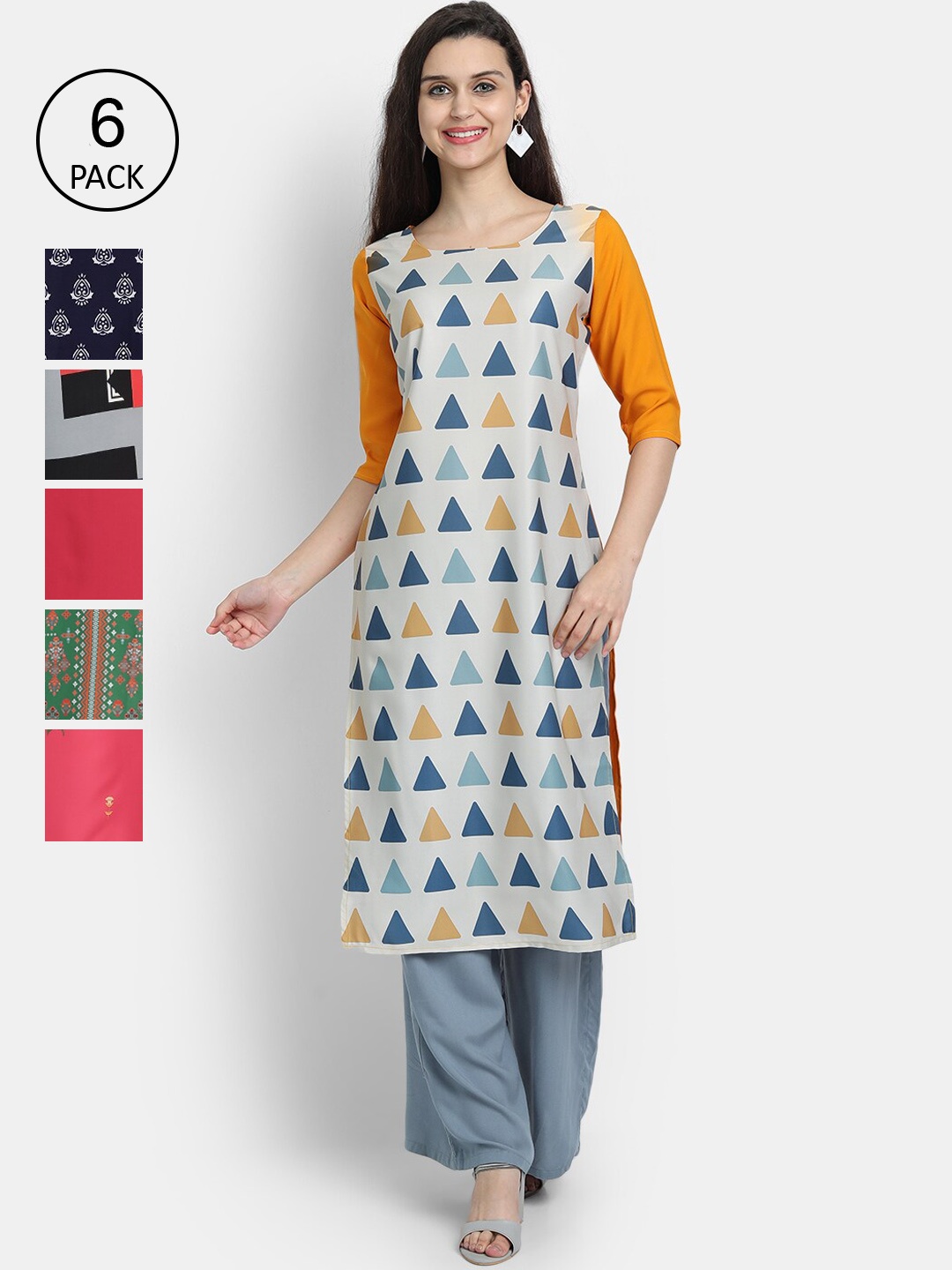 

Ethnic basket Women Pack of 6 Multicoloured Ethnic Motifs Printed Mirror Work Crepe Kurta, Multi