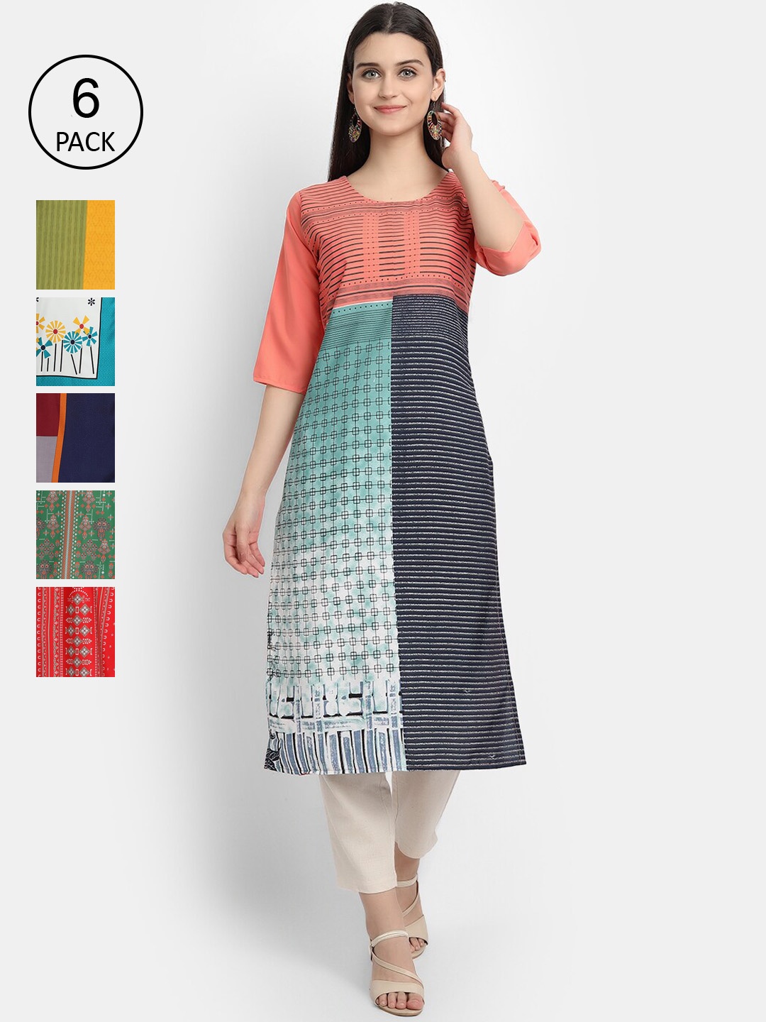 

Ethnic basket Women Pack of 6 Digital Printed Straight Kurtas, Peach
